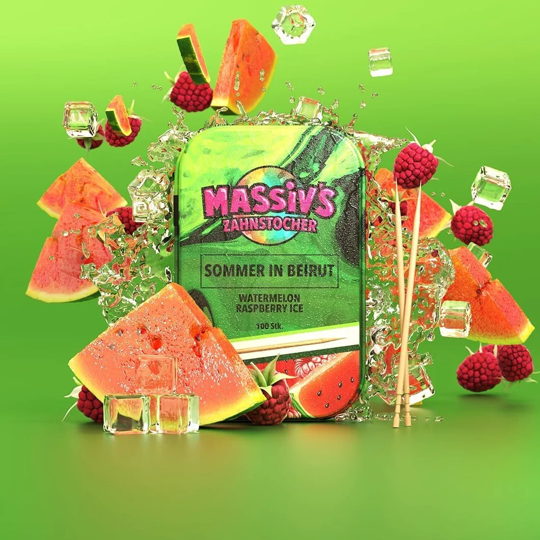 Massiv’s Zahnstocher - Palillos con sabor - SOMMER IN BEIRUT Sandía Frambuesa Ice - 100 palillos - Aliento fresco - Caja metálica estilizada - Sin azúcar - higiene bucal - contra morderse las uñas | Palillos de dientes con sabor a sandía Raspberry Ice 100