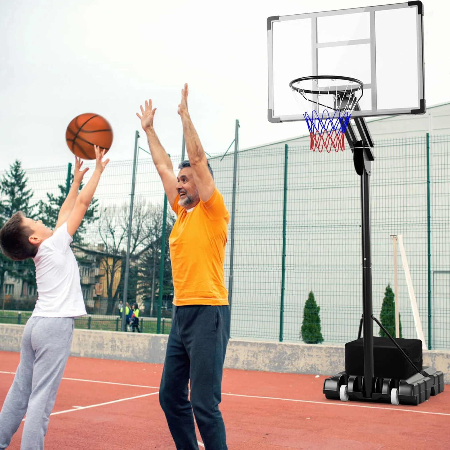 COSTWAY Canasta de Baloncesto Altura Ajustable 10 Niveles 1,49-3,05 M Exterior Interior 2 Ruedas Base Rellenable