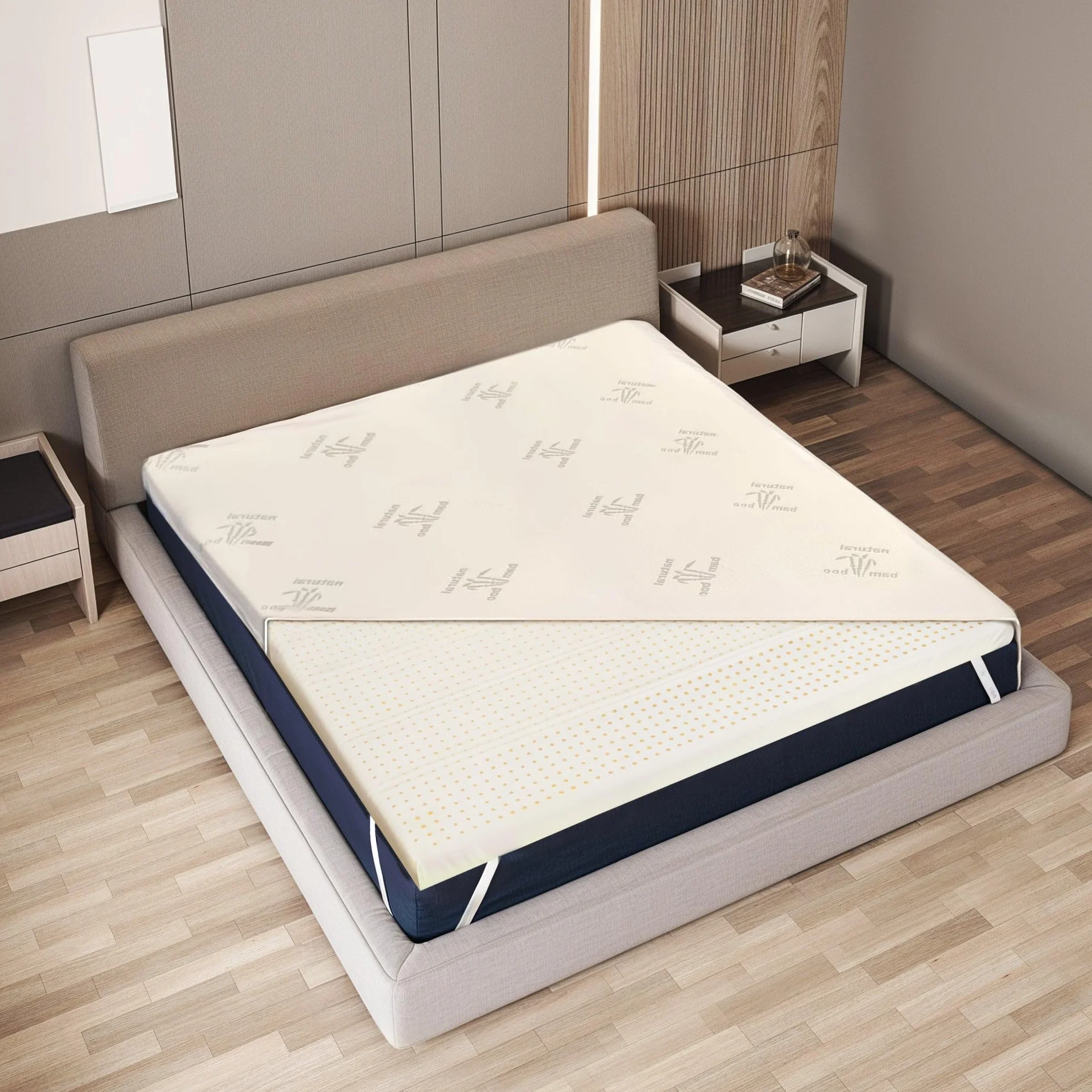 The White Stone Sobrecolchón de Látex Natural 180 x 200 cm | Funda de Bambú Transpirable, Antialérgica y Desmontable | Grosor 5 cm | Corrector de Colchón con Elásticos de Sujeción en Las Esquinas