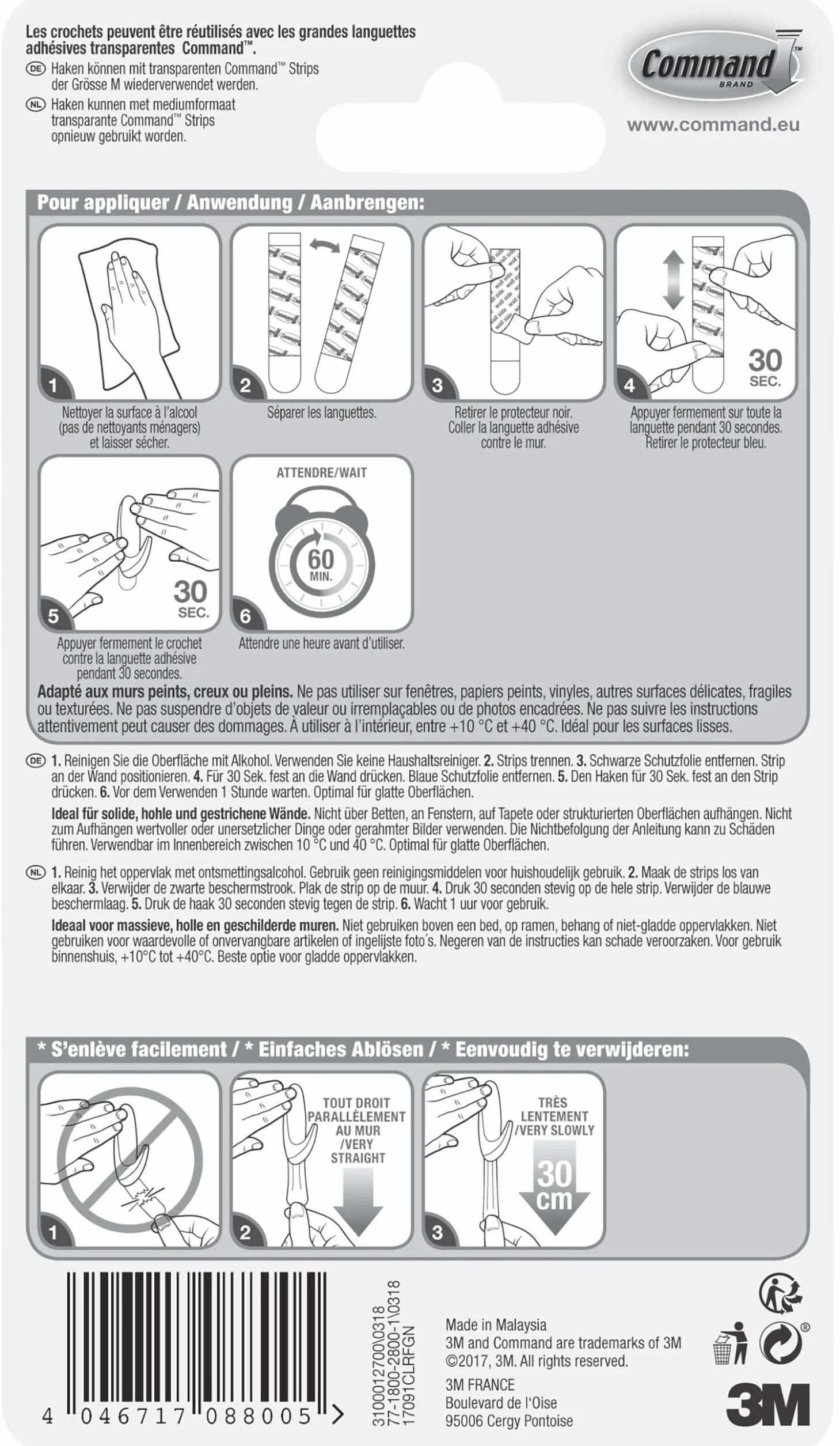 Command 17091CLR - Ganchos (900 gr de carga, talla M, 4 adhesivos para pared), color transparente