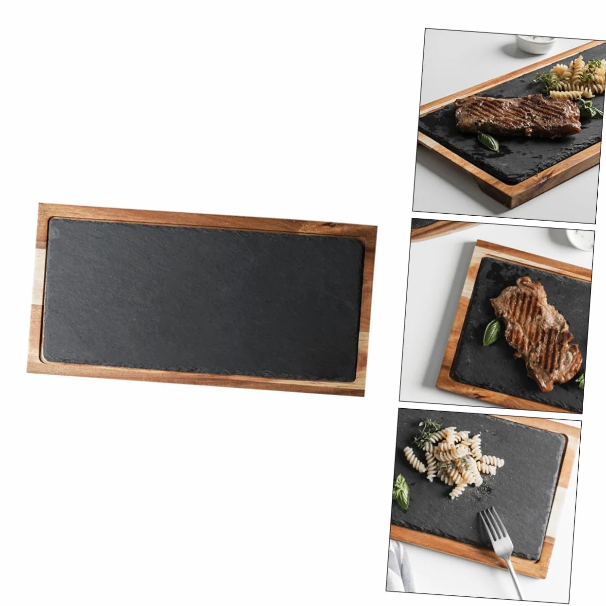 Plato de degustación multifuncional de madera de acacia negra, pizarra natural, para presentaciones de sushi y uso en restaurantes.