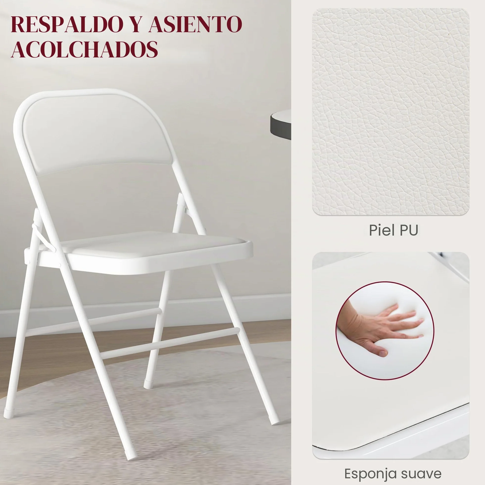 HOMCOM Juego de 2 Sillas Plegables Acolchadas con Respaldo y Estructura de Acero, para Salón, Comedor, Cocina, 45x46x78 cm, Blanco