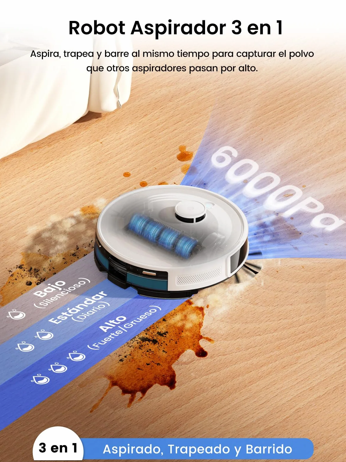 Lefant M2 Plus Robot Aspirador y Fregasuelos, 6000Pa Suction, 140min, Mapeo Inteligente con Base Autovaciado, Navegación LiDar dToF, Ideal para Limpiar Alfombras, Pisos Duros y Pelo Mascotas, Blanco