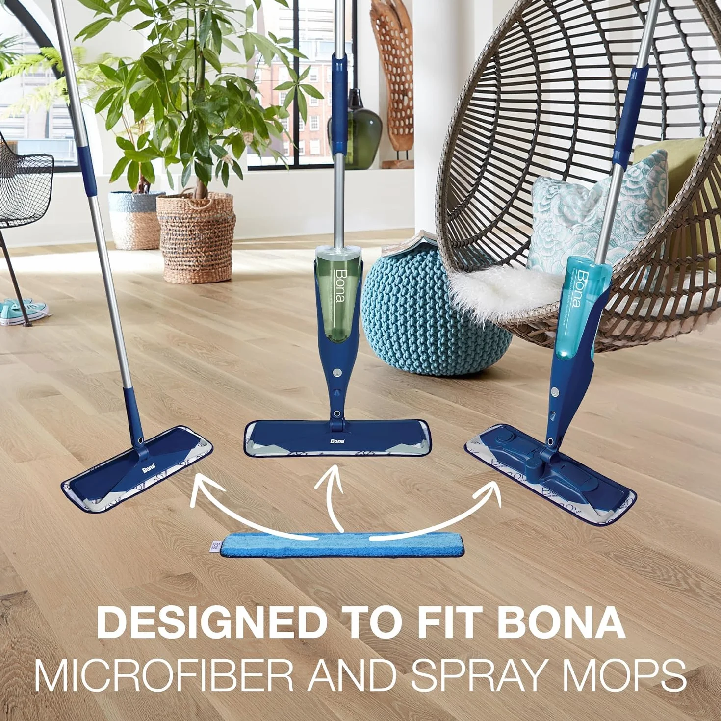 Bona Almohadilla de limpieza de microfibra, para suelos de madera y superficies duras, se adapta a la familia Bona de fregonas, 3 unidades (paquete de 3), color azul