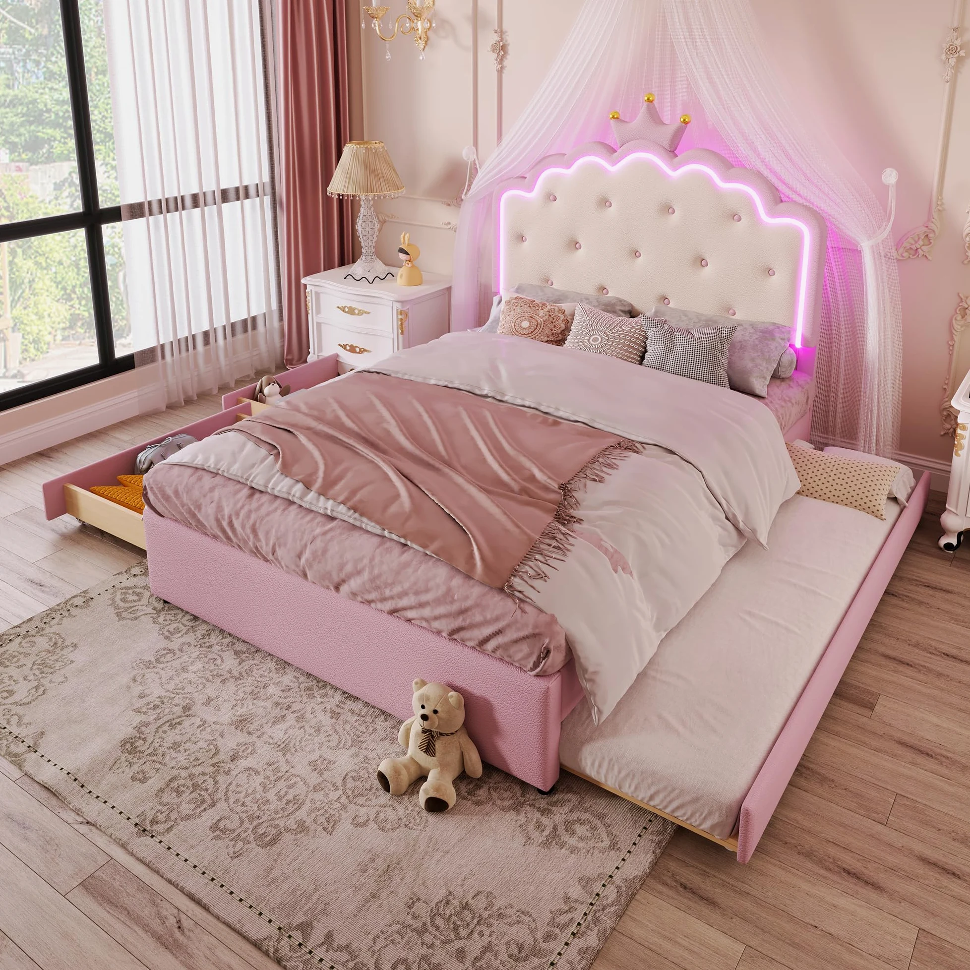 Soweiz Cama tapizada, 140 x 200 cm, cama nido con 2 cajones, con somier (sin colchón), iluminación ambiental con mando a distancia, diseño de princesa heredera, material PU, color rosa