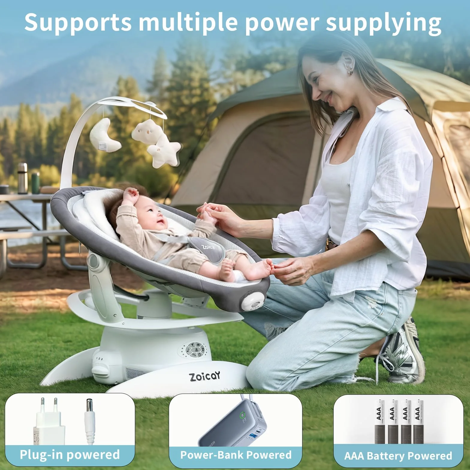 Mecedora Eléctrica para Bebé 3-en-1 Zoicay, 9 Modos, Giro 360°, Temporizador y Música, Control Remoto y Bluetooth, Gris