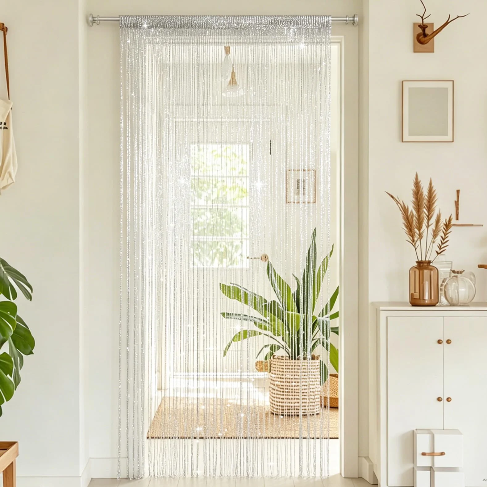 Juego de 4 cortinas de hilos con purpurina, 100 x 200 cm, para puertas y separadores de habitaciones, para bodas, cafetería y balcón, protección contra insectos y decoración en uno (blanco)