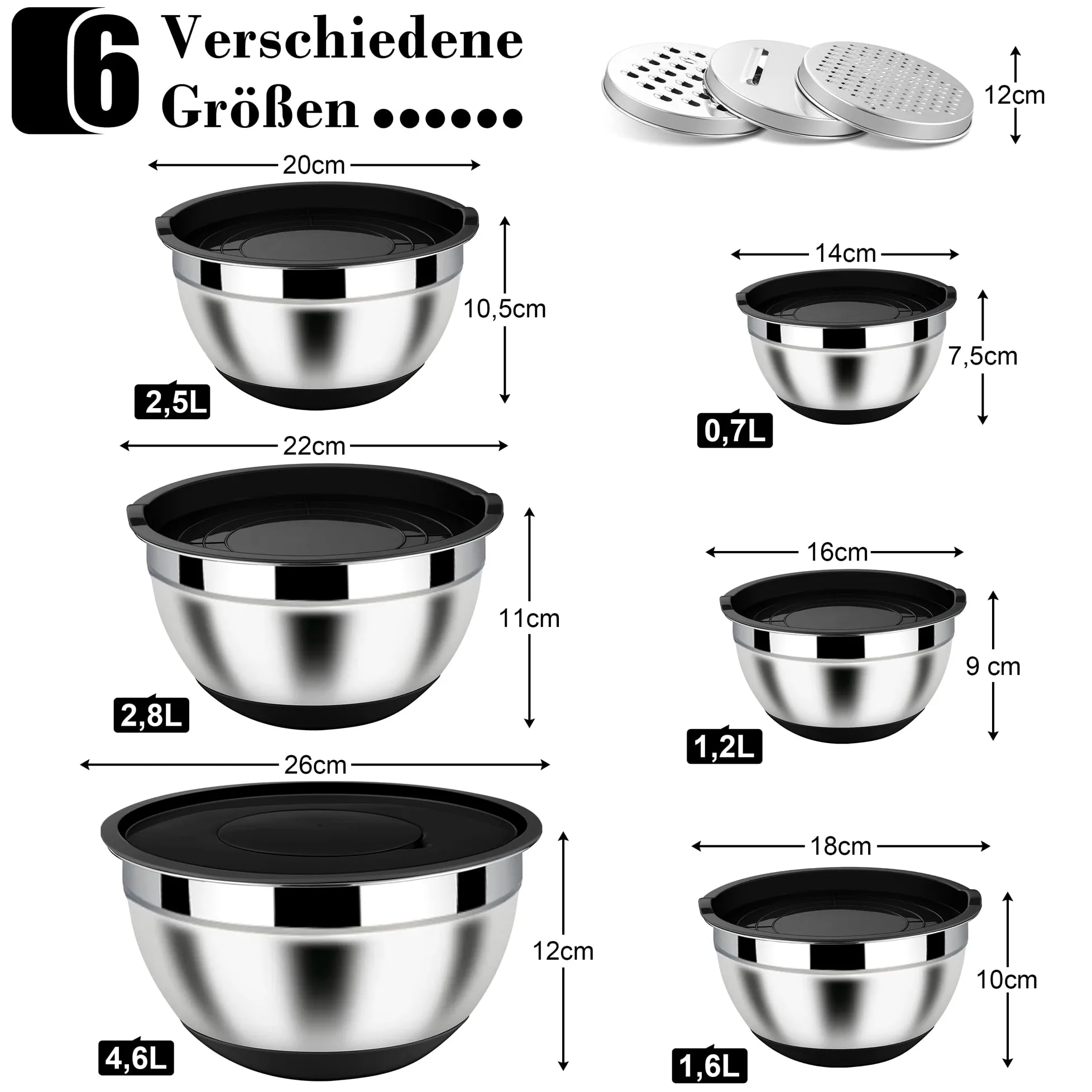 Homikit Juego de 6 cuencos para mezclar, acero inoxidable, color negro, ensaladera con 3 accesorios para mezclar y mezclar, tapa hermética y base de silicona, 4,6 l, 2,8 l, 2,5 l, 1,6 l, 1,2 l, 0,7 l,