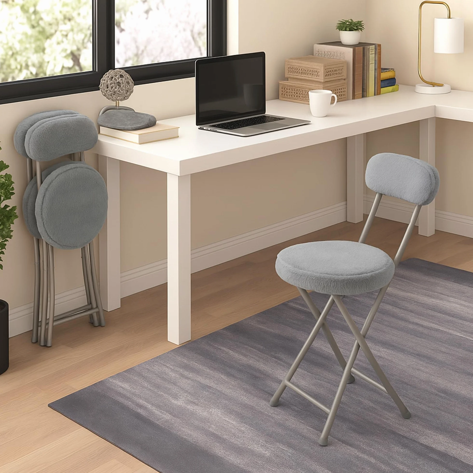 MEUBLE Cosy Juego de 4 Sillas Plegable Taburete con Respaldo y Reposapiés Tapizados de Piel, Estructura de Metal, Gris