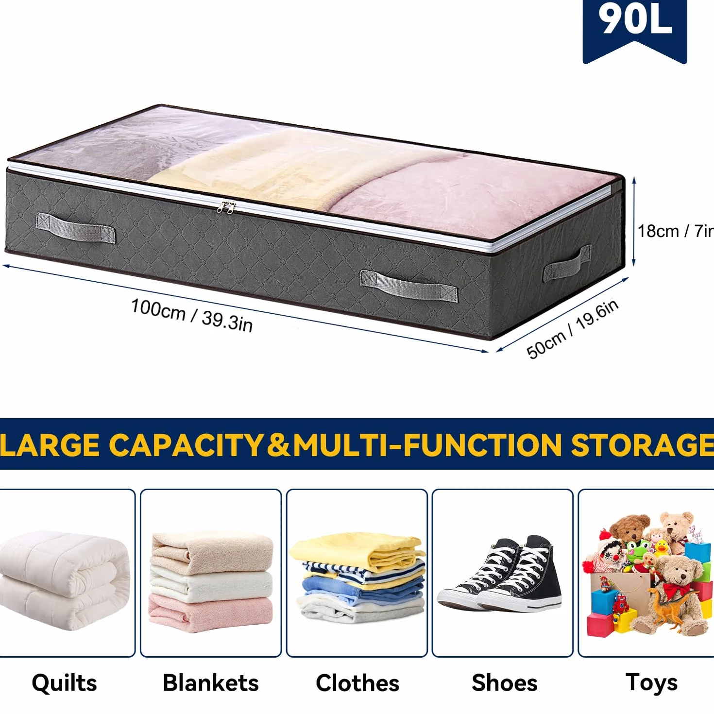 AIOR 2 Piezas 90L Bolsas Almacenaje Ropa Debajo de la Cama, Cajas Almacenaje de Gran Capacidad con Ventana Transparente, Cama Organizador Armario para Ropa Mantas Edredones, 100x50x18cm