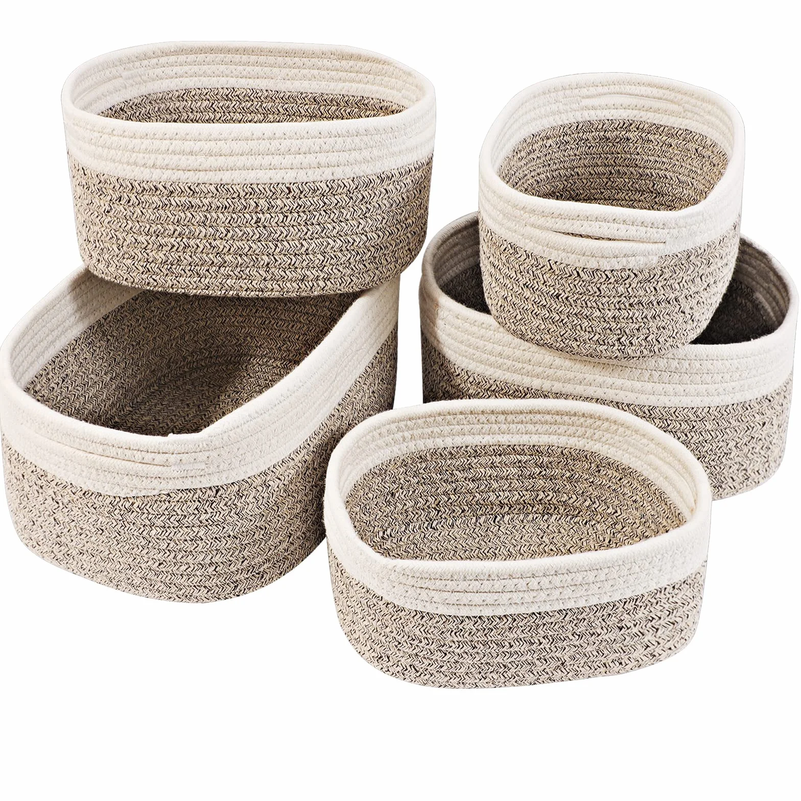 Lannvan Juego de 5 Cestas Almacenaje Tejidas con Cuerda de Algodón, Cestos Organizadores para Baño, Armarios, Cocina, Blanco y Desierto