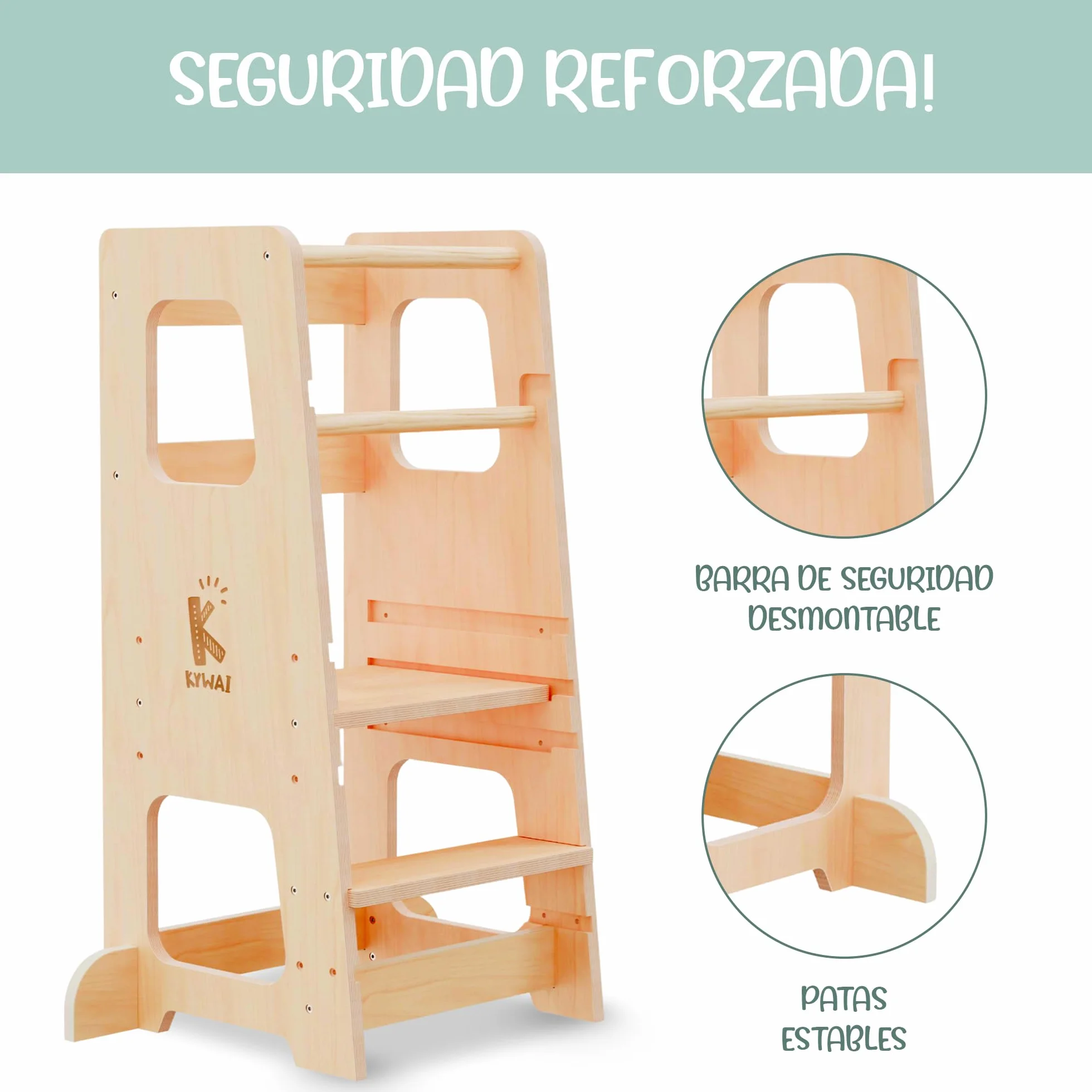 Torre de Aprendizaje Montessori Premium Desde 1 año, Doble Barrera, Patas Antivuelco