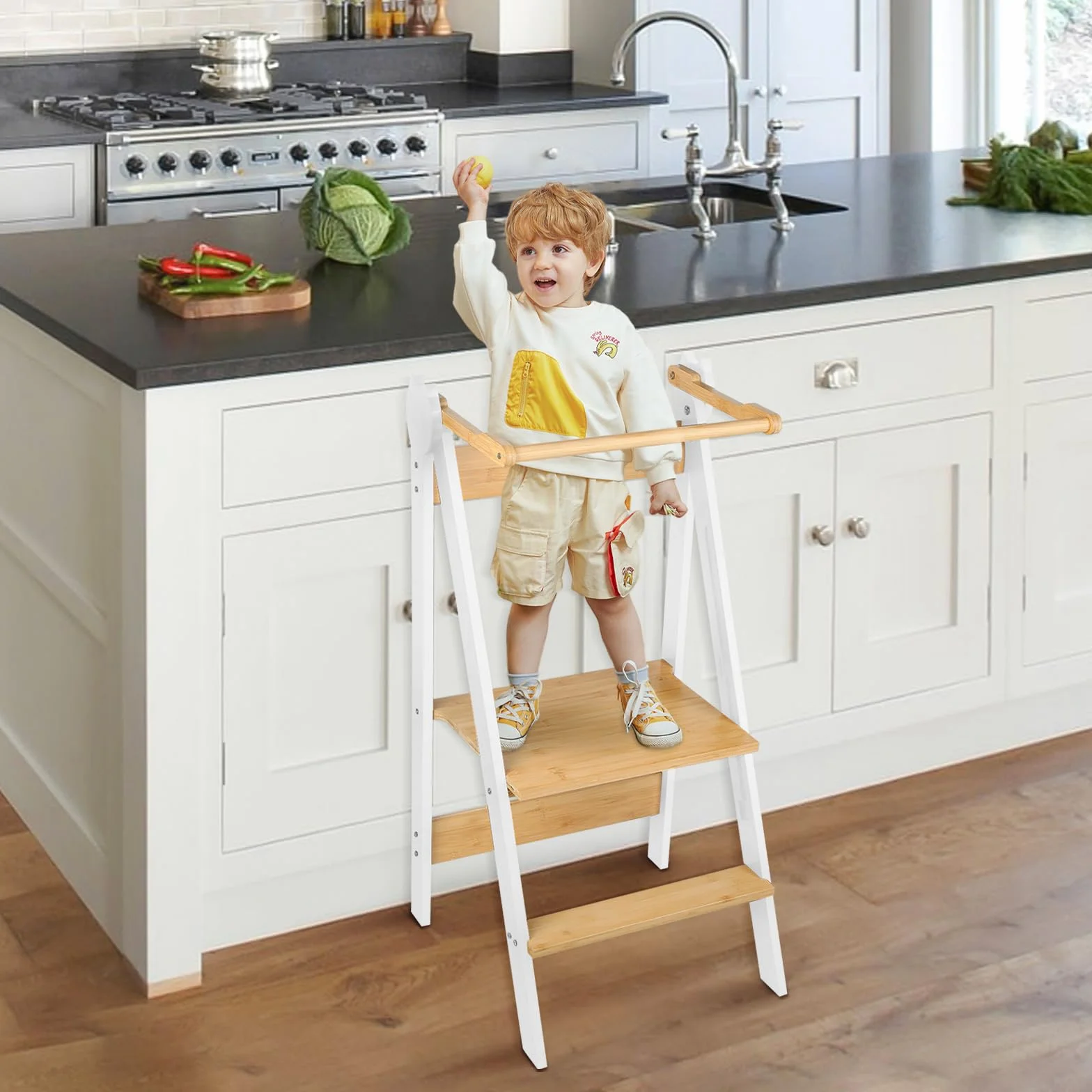 Torre Montessoriana de aprendizaje plegable, multiusos, torre de aprendizaje de madera natural de abedul, torre de observación infantil, plegable, seguridad, 88 x 45 x 45 cm