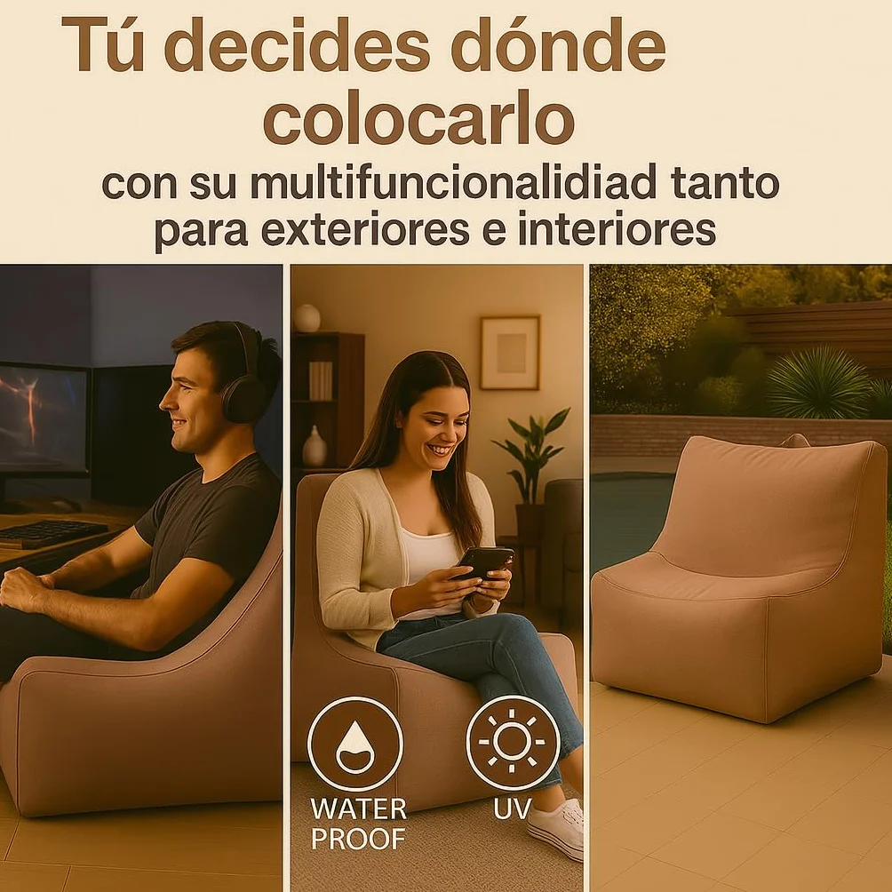 DIVERPUFFS Puff Taupe Sofá Relax Jardin Exterior Interior Asiento Comodo Relleno Incluido Portátil Respaldo Ergonómico Impermeable UV Protegido Diseño Moderno Durable Ligero Listo para Usar