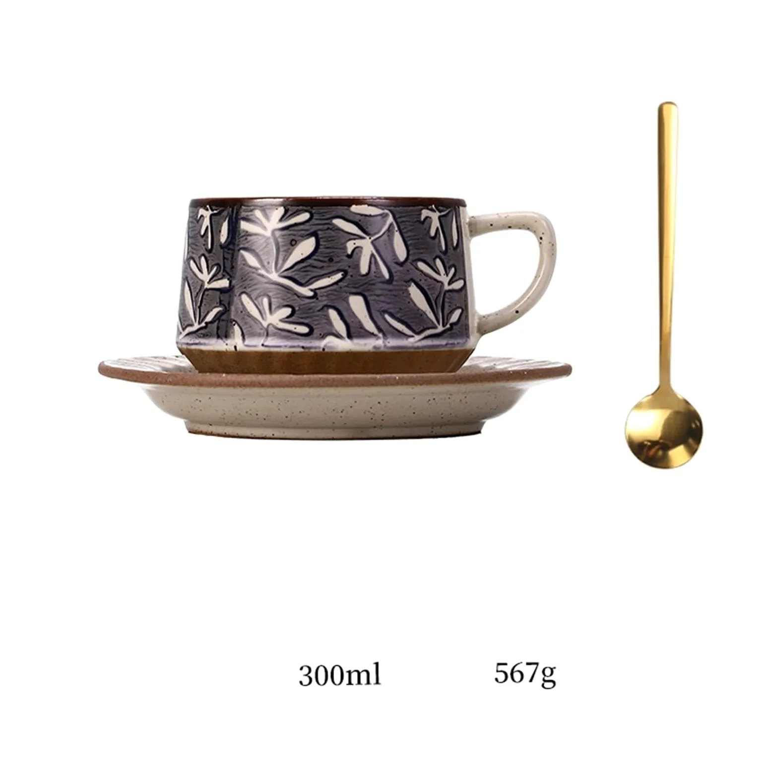 Tazas de cerámica Juego de taza café/té cerámica con diseño vintage hierba y flores, platillo cuchara, 300 ml Taza de café
