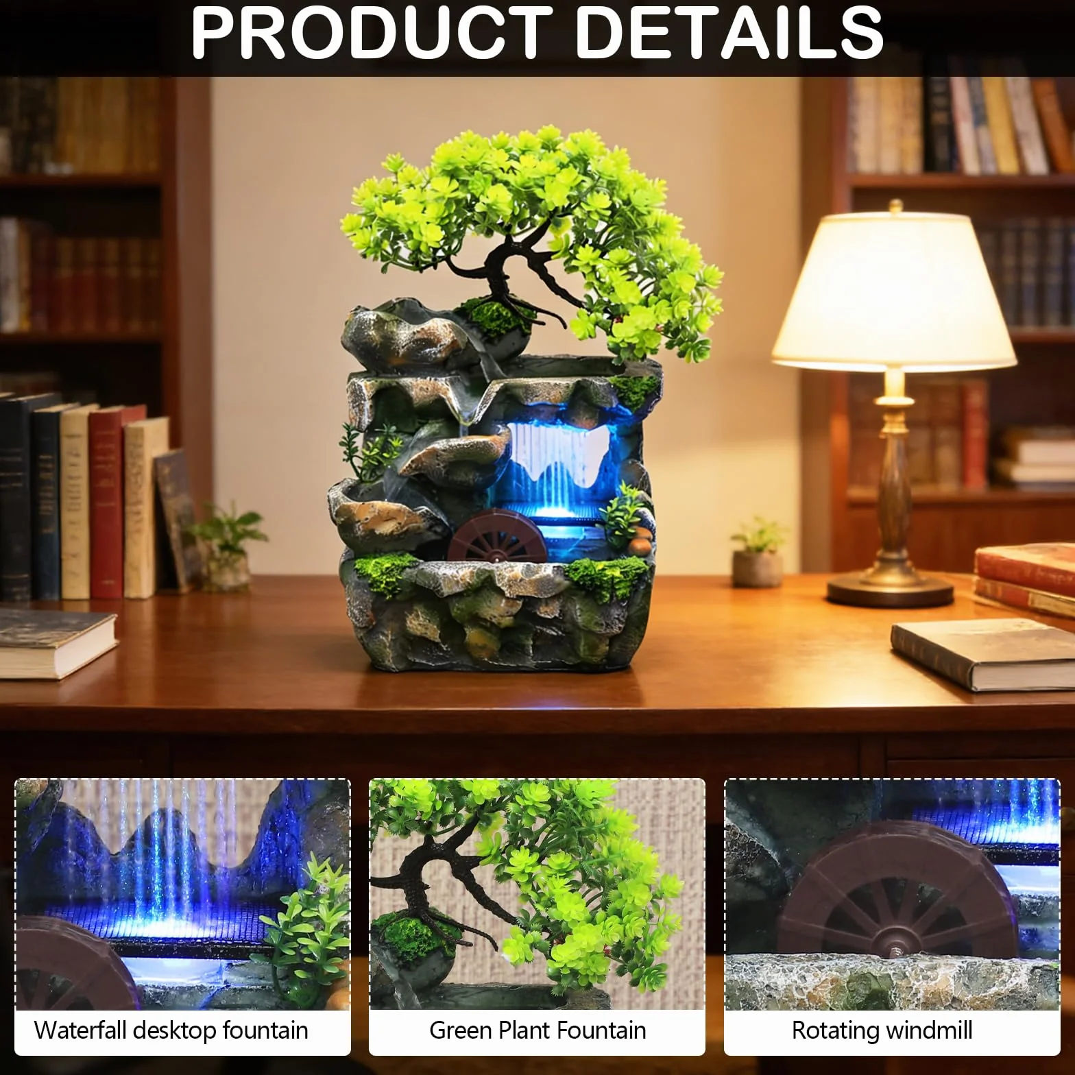 Fuente Agua Decorativa, Fuente de Interior con Iluminación LED Fuente de Mesa de Resina Cascada de Meditación Zen con Rueda Feng Shui Bomba Silenciosa Decoración de Mesa para Escritorio