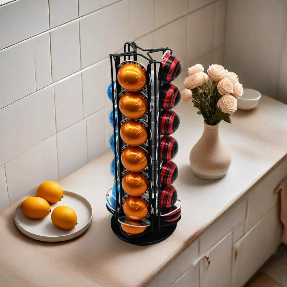 Vertuo - Soporte de carrusel para 28 cápsulas Nespresso Vertuo, organizador de almacenamiento con espacio adicional para Coffee Mate Silent Rolling, color negro