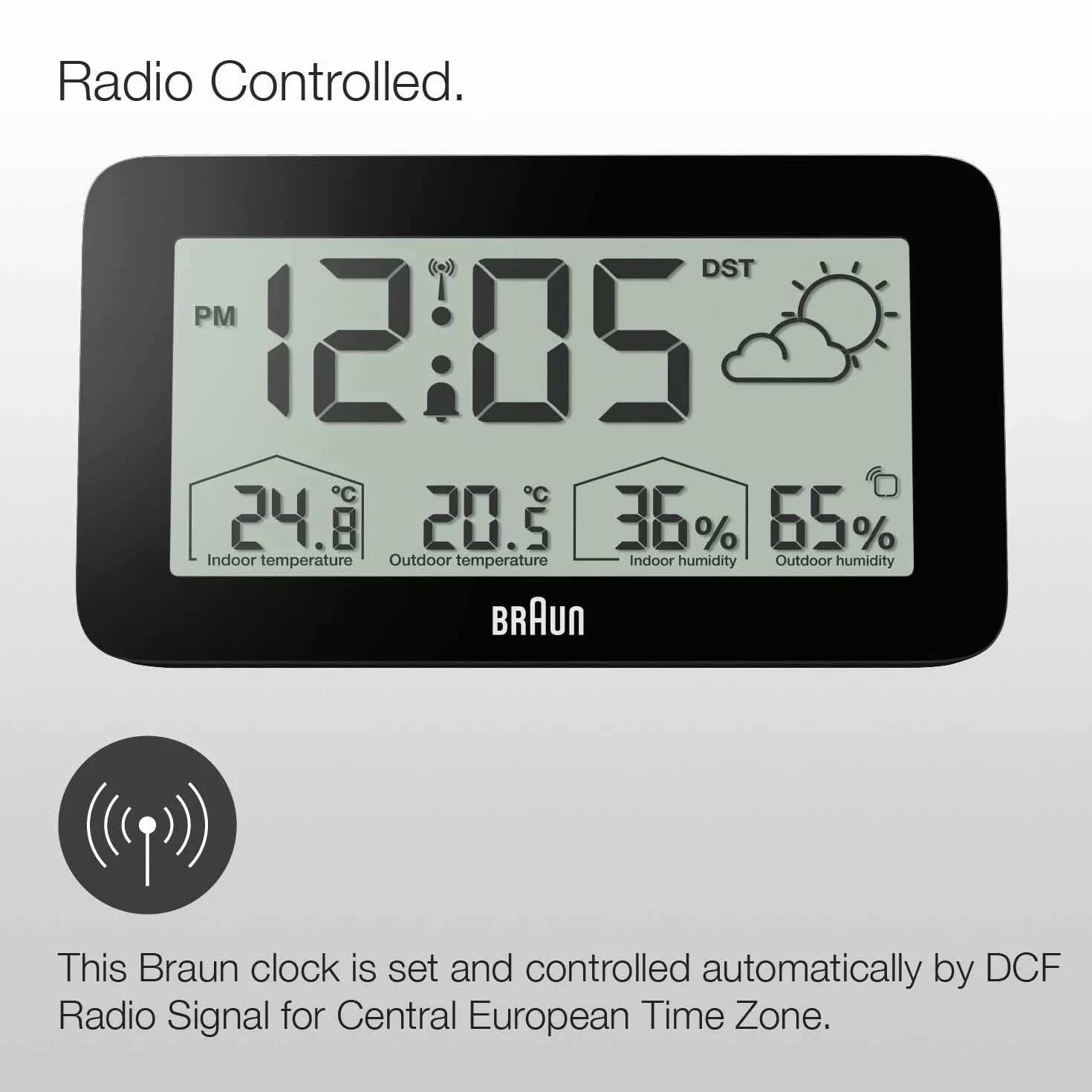 Estación meteorológica y reloj digital controlado por radio Braun para la zona horaria de Europa Central (DCF) con temperatura y humedad, pronóstico del tiempo, pantalla LCD, negro, modelo BC13BP-DCF.