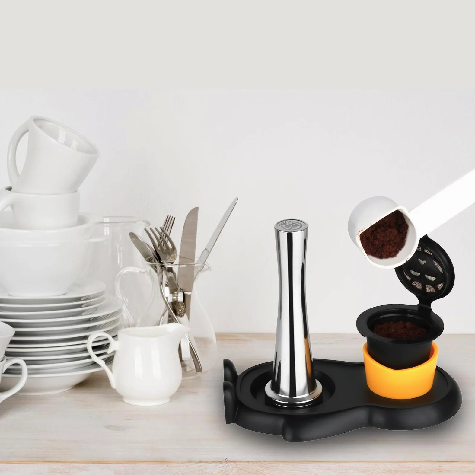 PURPLELILY Martillo de acero inoxidable para prensar café espresso en polvo para portafiltro cápsula, cepillo de limpieza para máquina de café