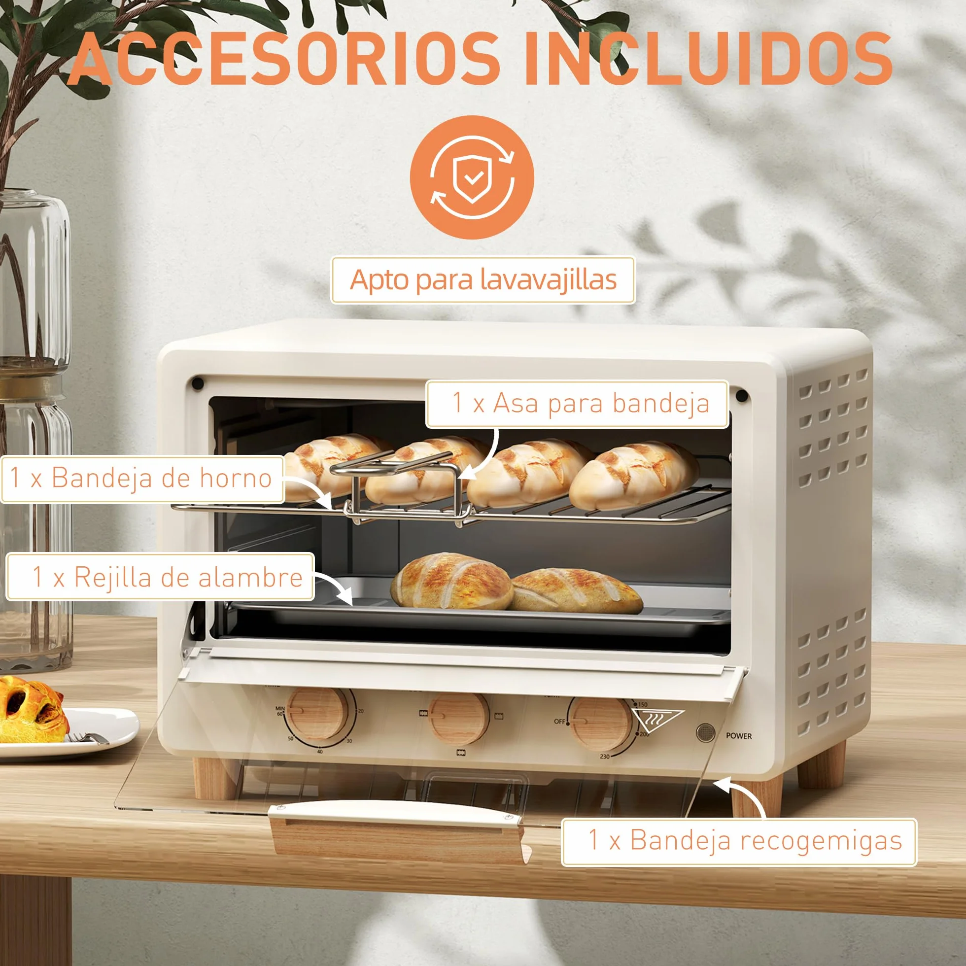 HOMCOM Horno Eléctrico de Sobremesa 16L 1400W con Puerta de Vidrio Temporizador y Temperatura Ajustables hasta 230℃ Crema