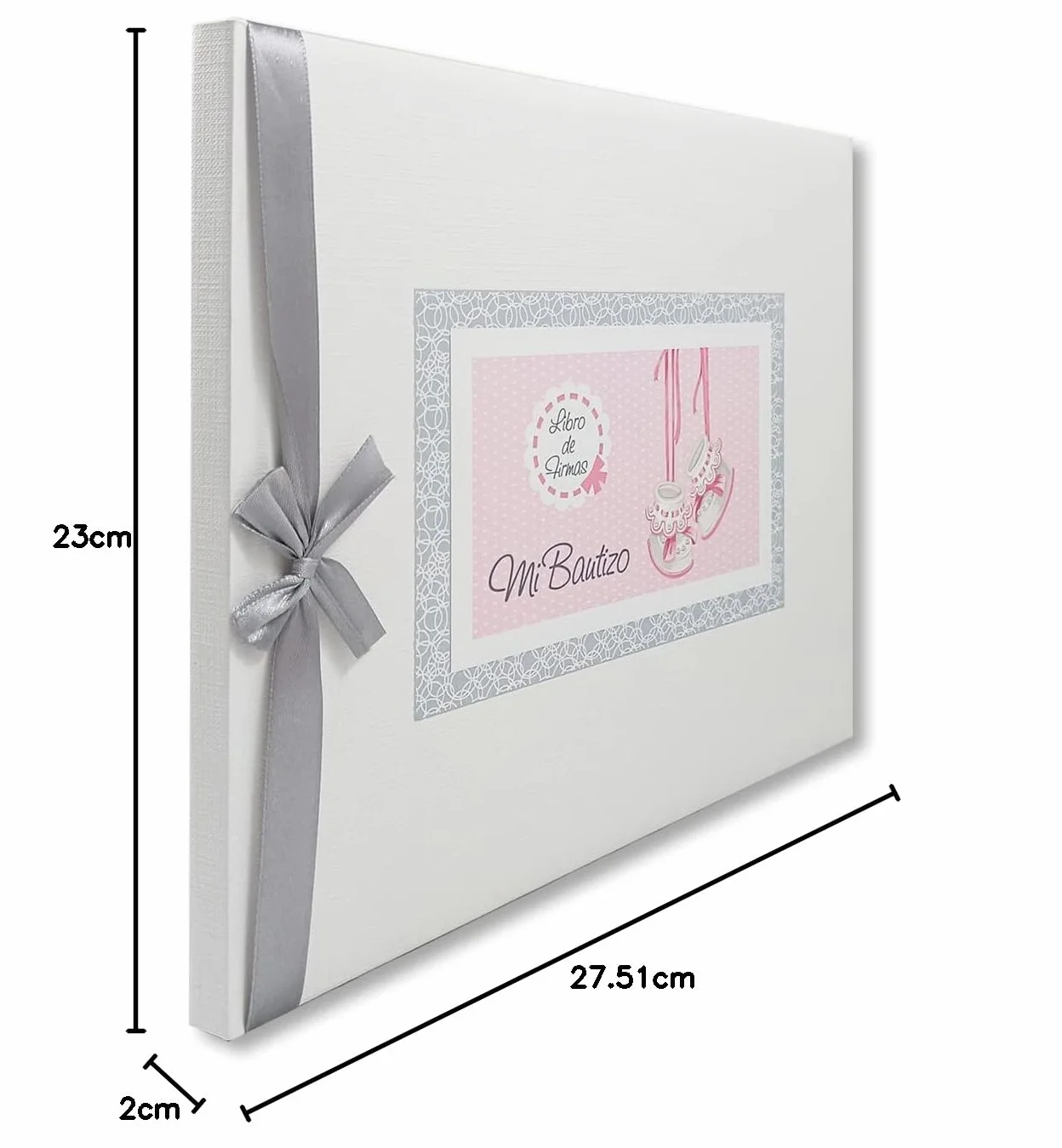 Libro de firmas bautizo bebe niña, libro visitas medidas, 27,5 x 23 x 2, 64 paginas, tapa dura, forrada gua Flex, con lazo plateado, más porta móviles personalizable, para poner la foto del bebe