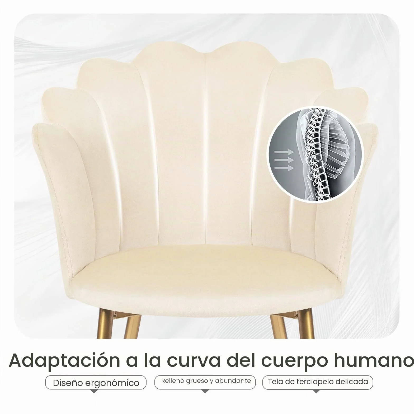Silla de tocador, butaca de terciopelo con patas de metal dorado, elegante silla de concha, silla acolchada para salón, butaca de salón cómoda, con reposabrazos de diseño