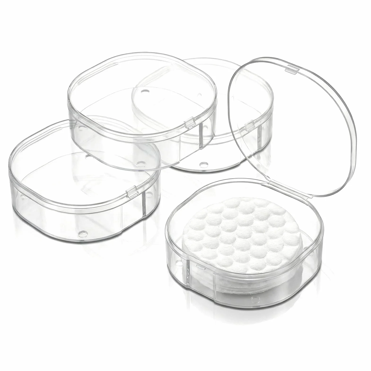 Grevosea 4 soportes redondos de algodón, soporte portátil de viaje para almohadillas de algodón, dispensador de plástico cuadrado de algodón para removedor de maquillaje, bolas de algodón, hilo dental