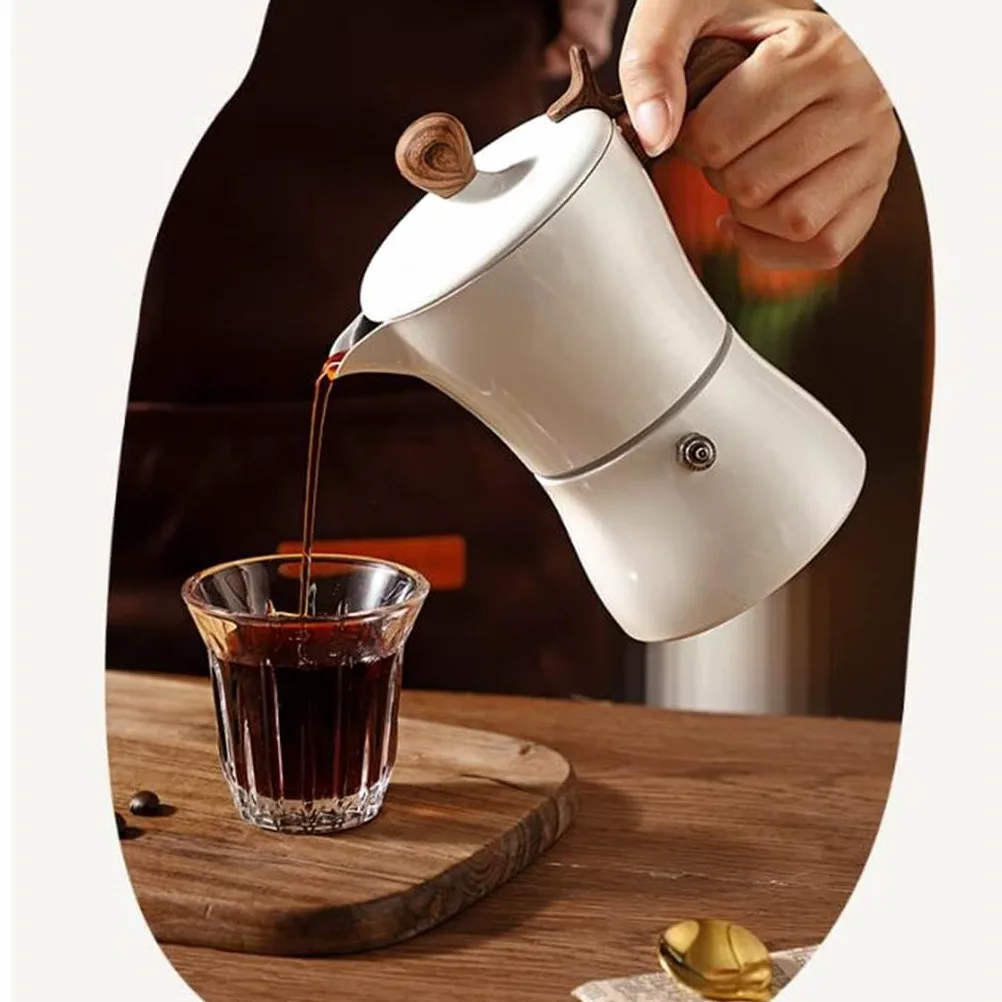 Estufa italiana para café expreso, cafetera de aluminio de 3 tazas, cafetera Moka con mango de madera (blanco)
