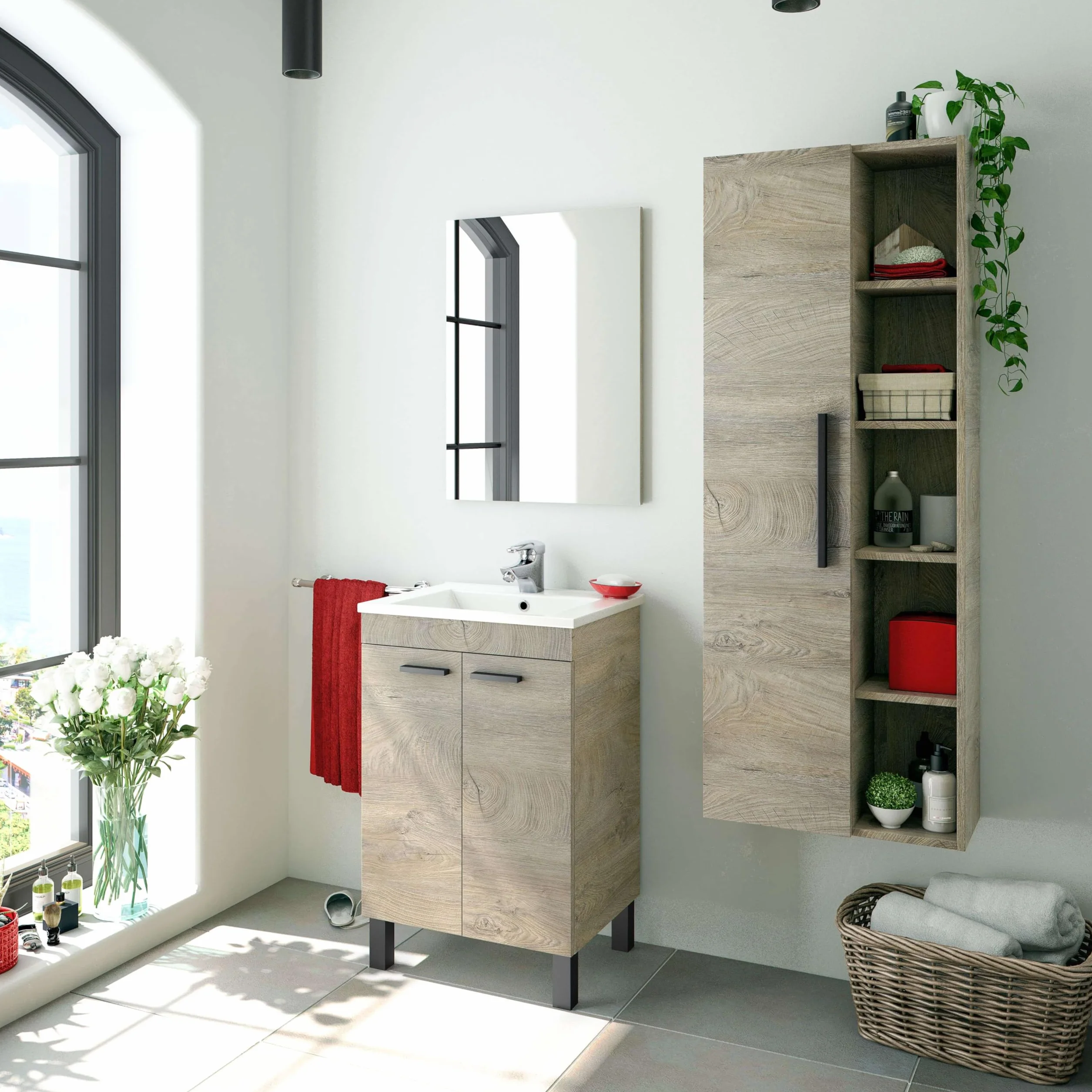 ARKITMOBEL - Columna de Baño Suspendida Grande con 1 Puerta y 7 Estantes, Armario Auxiliar para Baño, Color Roble Alaska, 135x51x25 cm - Modelo Athena