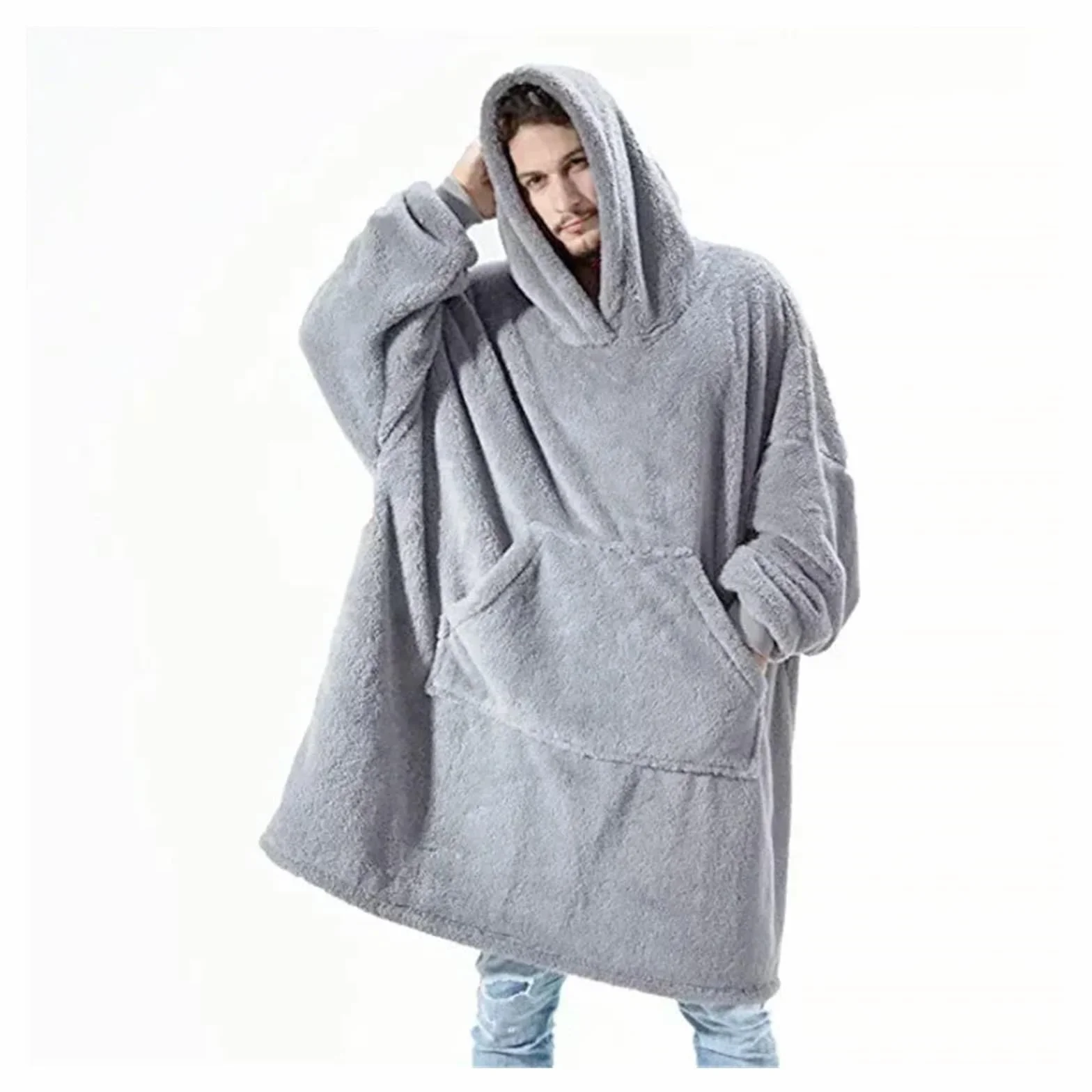 Batamanta Invierno con Capucha suéter Manta Mujer Manta Polar de Gran tamaño con Mangas Bolso Grande cálido Grueso TV Bata con Capucha Pareja(Style A-Gray)