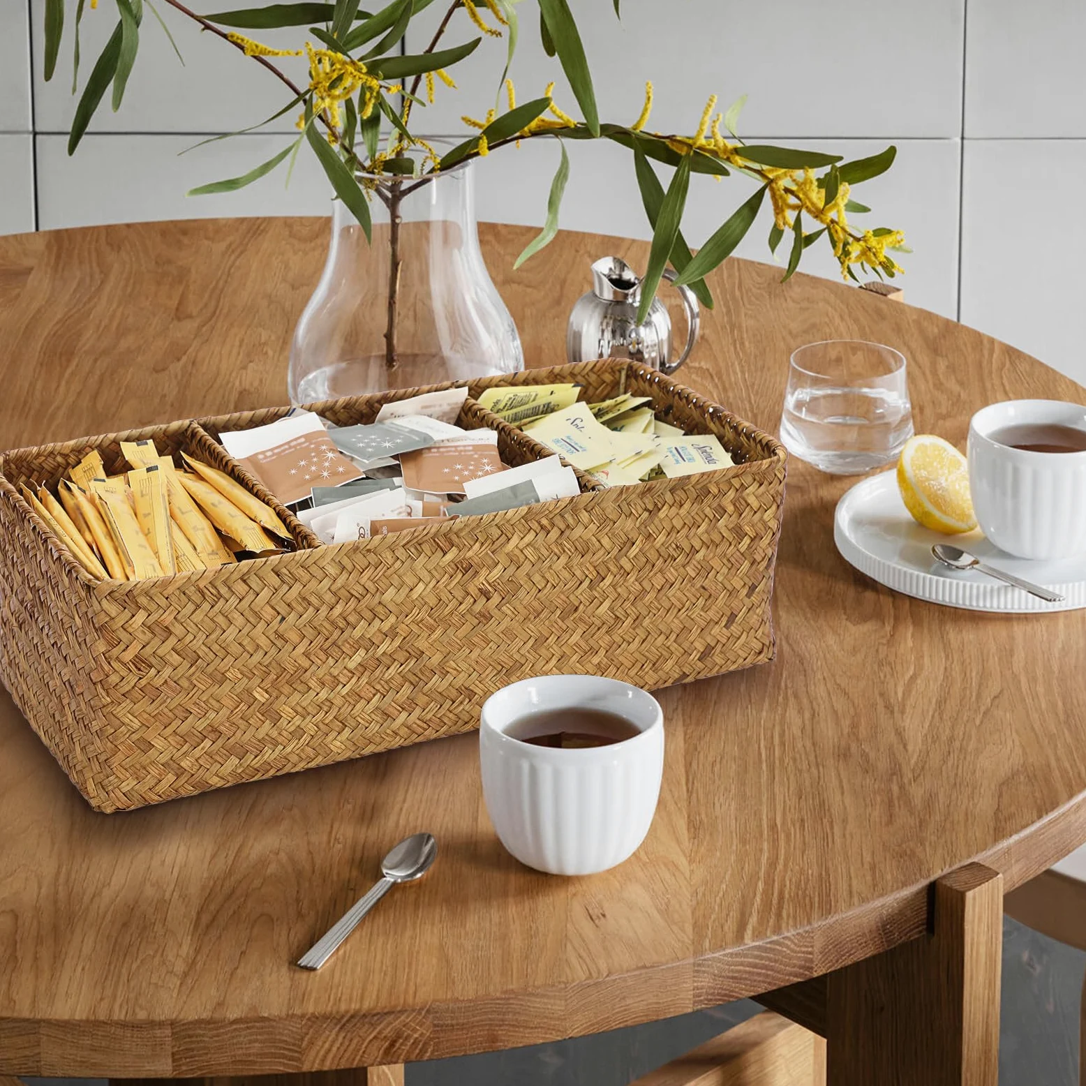 ELLDOO Cesta de almacenamiento tejida de mimbre de mimbre de hierba marina, organizador de cápsulas de café de gran capacidad para cápsulas K Cup Nespresso, caja de almacenamiento de hierba marina de