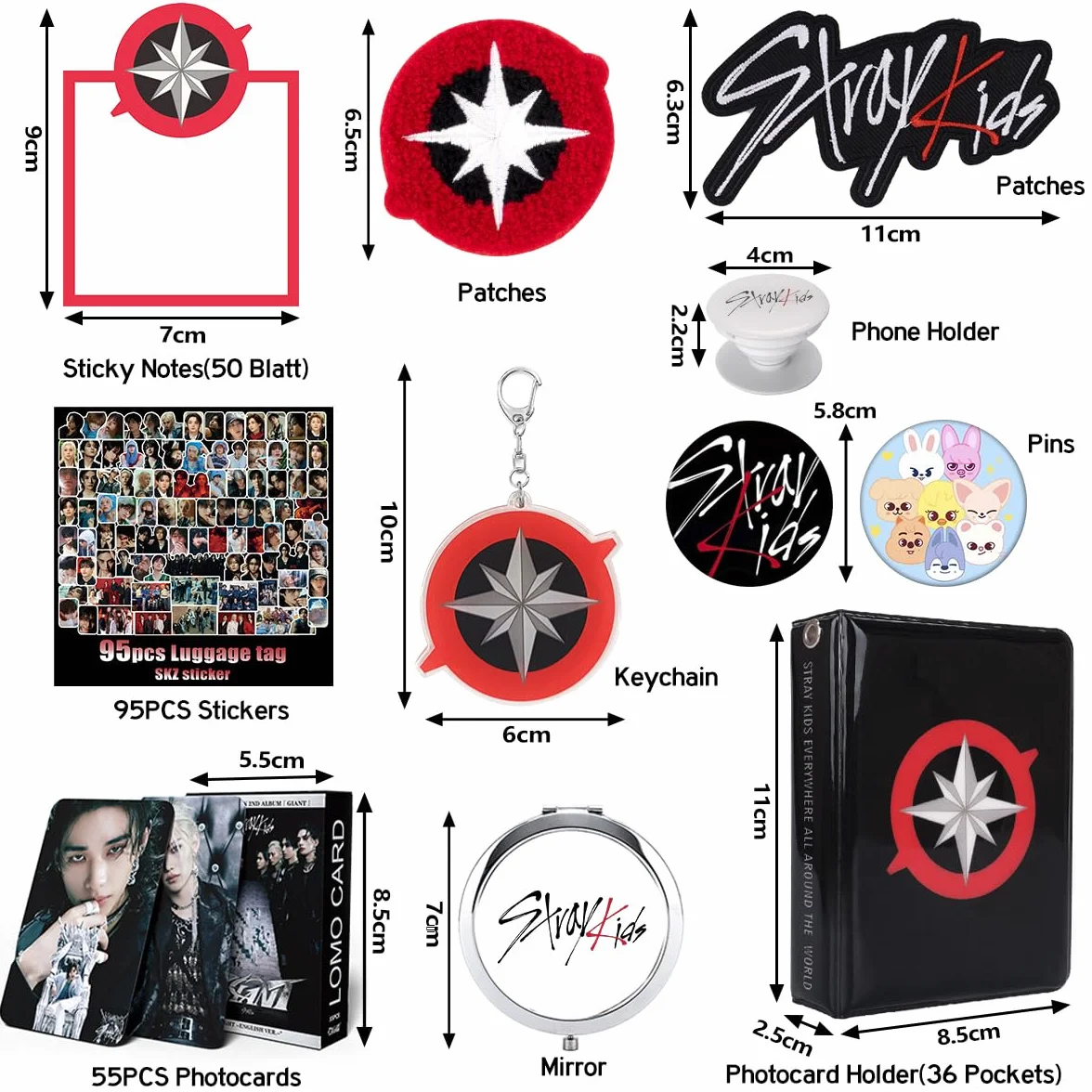 Stray Regalo Set, SKZ Mercancía Para Stay Incluye 1 Photocard Holder, 1 Parches, 1 Espejo Posits Para Libros/50 Hojas, 1 Llavero, 1 Soporte Movil, 2 Pins, 2 Parches, 55 Photocards, 95 Pegatinas