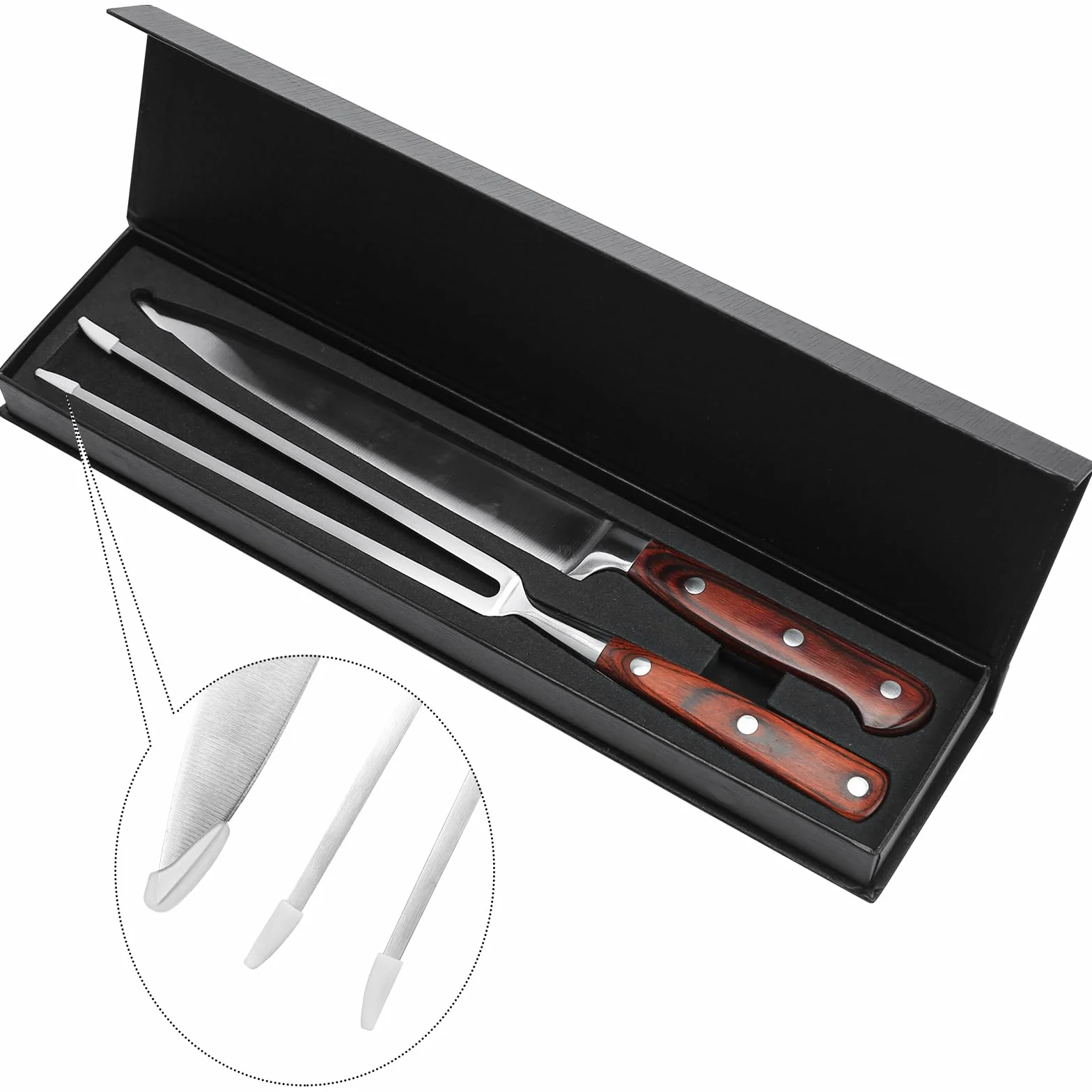 Set 2 Utensilios Barbacoa, Utensilios para Barbacoa de Acero Inoxidable, Cuchillo de trinchar y tenedor de 2 piezas, Mango de Madera 100% natural, Cuchillo para Carne y Tenedor para Carne