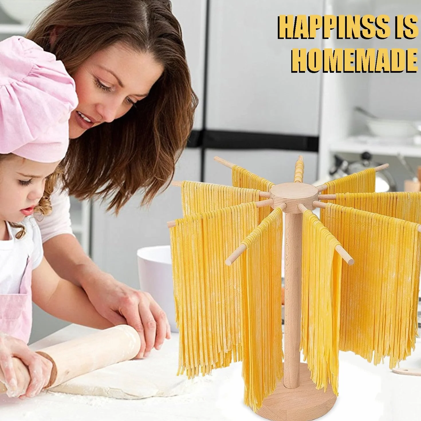 Secador de Pasta, Secador de Pasta Plegable, secador de Pasta Grande de Madera con 9 Brazos extraíbles, Reutilizable para hasta, Altura 45 cm