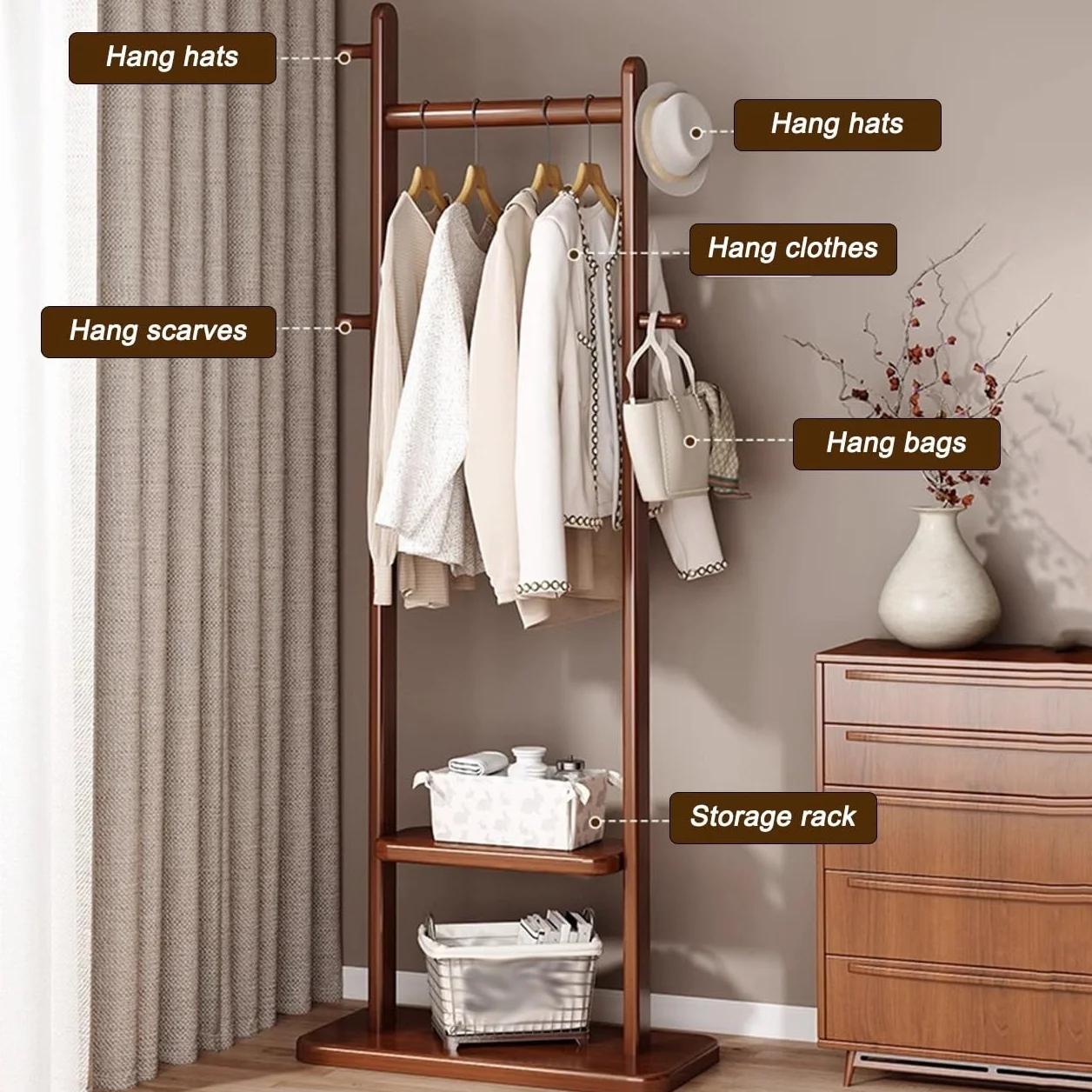 Perchero de Pie, Perchero de Madera con Ganchos y con 2 Estantes, para Sombrero, Soporte, Estilo industrial, para Ropa, Bolsos, Sombreros : 40/60/80/100CM (160 CM de Altura)