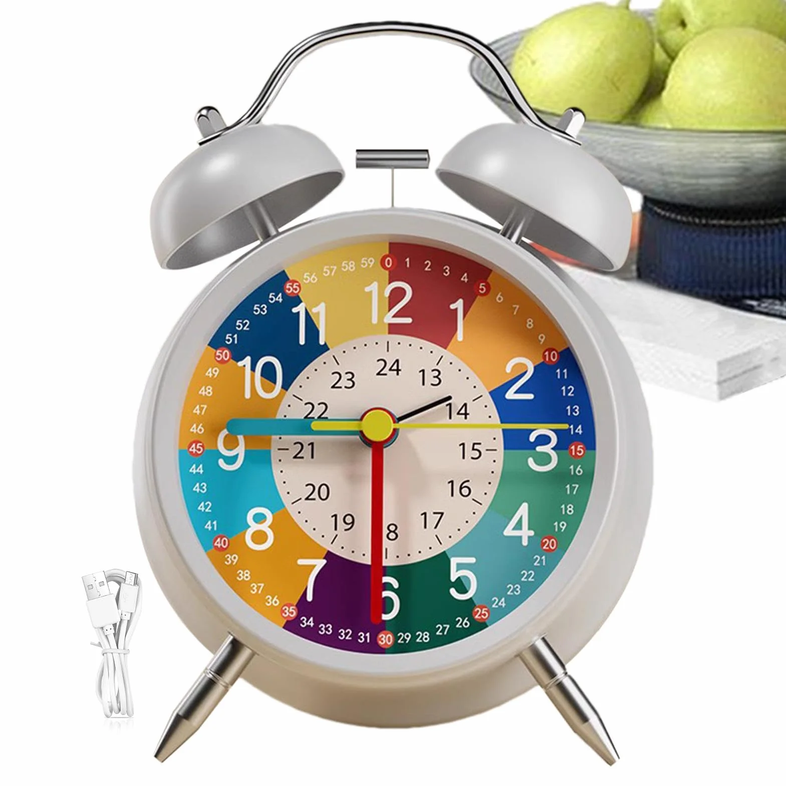 Analogue Alarm Clock Non Ticking Interactive Learning Clock For Kids 11.5x16cm Brightly Colored With Night Light