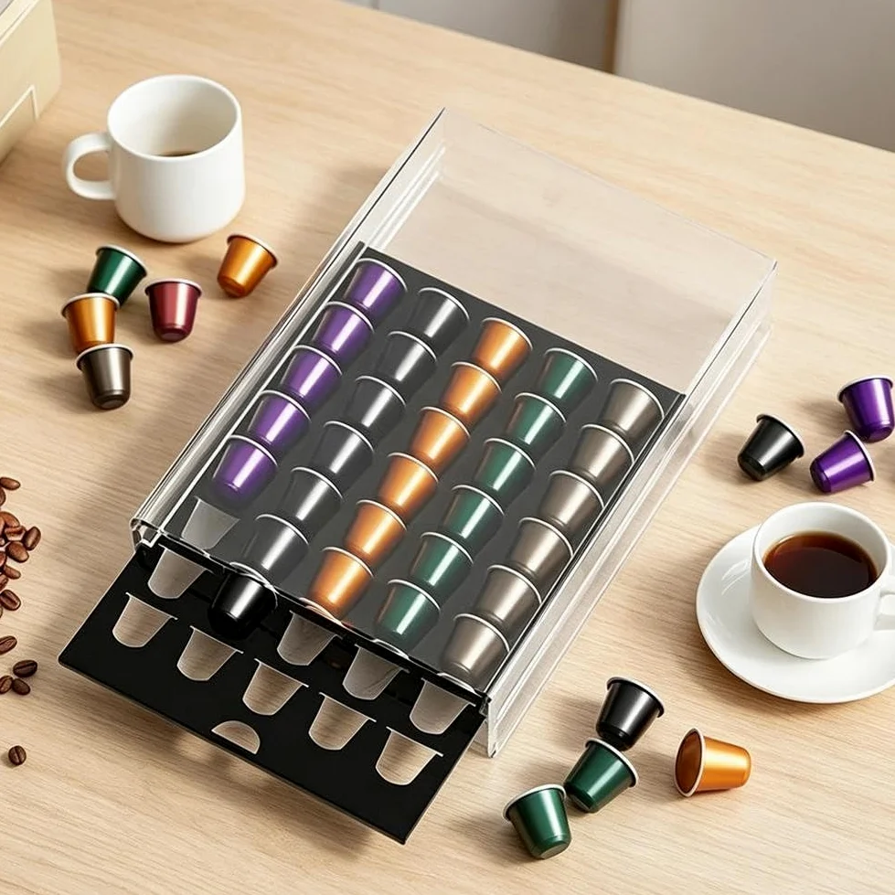 Soporte acrílico para cápsulas de café con 40 ranuras, cajón transparente para organización de cocina, diseño de pies antideslizantes para Tassimo para tchibo, compatible con cápsulas de 13 x 9.3
