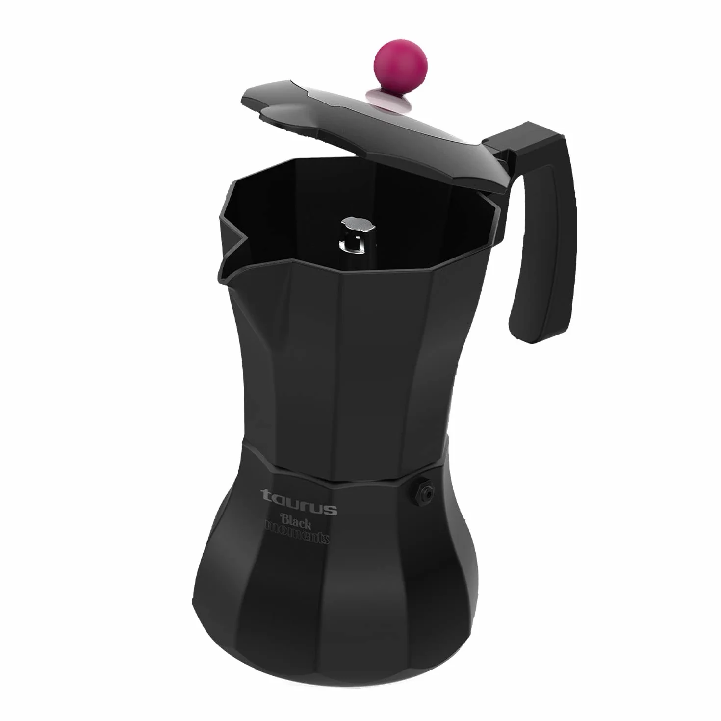 Taurus Black Moments 6 - Cafetera italiana, 6 tazas, base y filtro de acero inoxidable, válvula de seguridad, cierre de silicona para mayor seguridad, para todos los fuegos, tapa transparente, negro