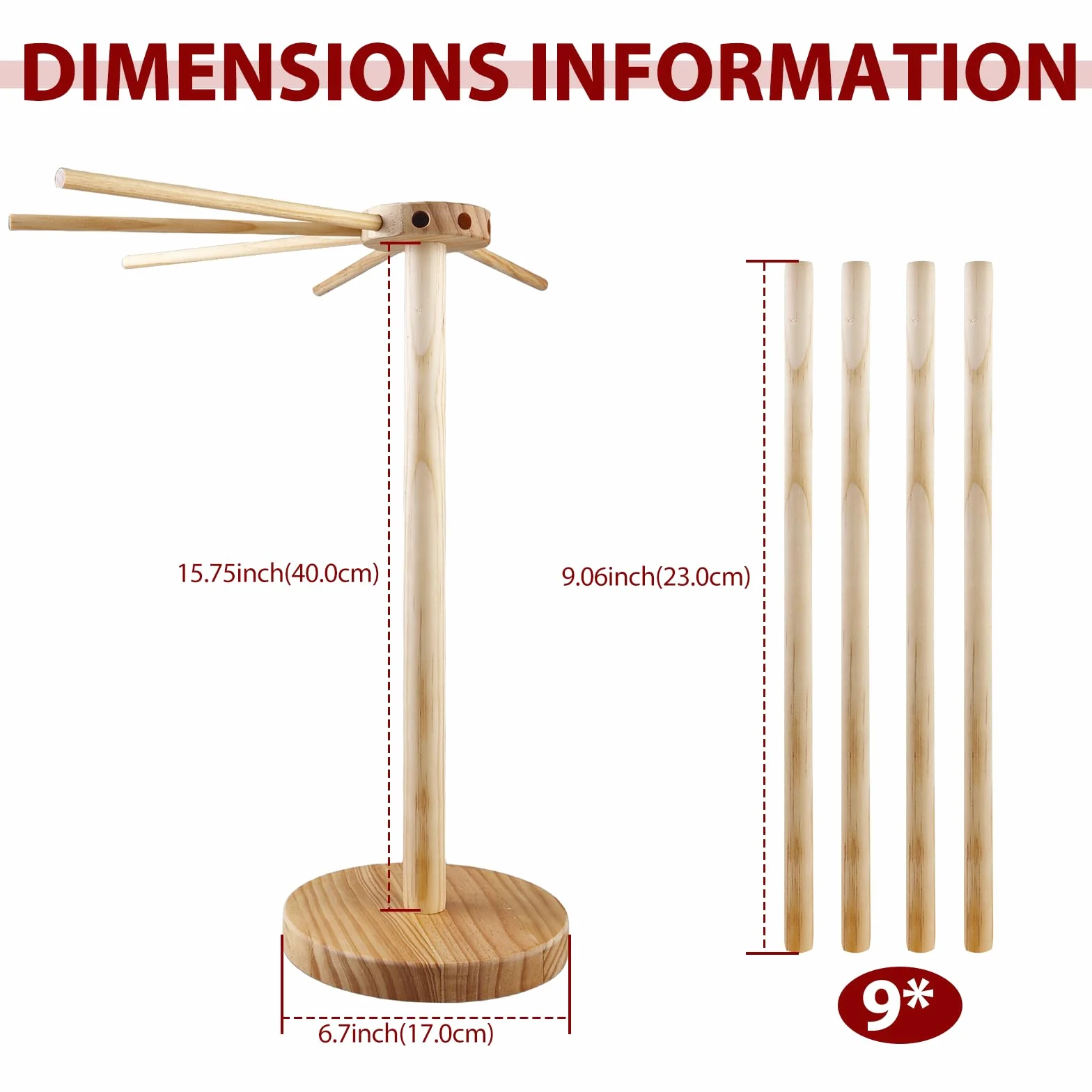 Secador de fideos, soporte para pasta de madera, secado con 9 brazos extraíbles, soporte para pasta para secar hasta 4,5 kg con base, soporte para secadora de pasta para cocina doméstica