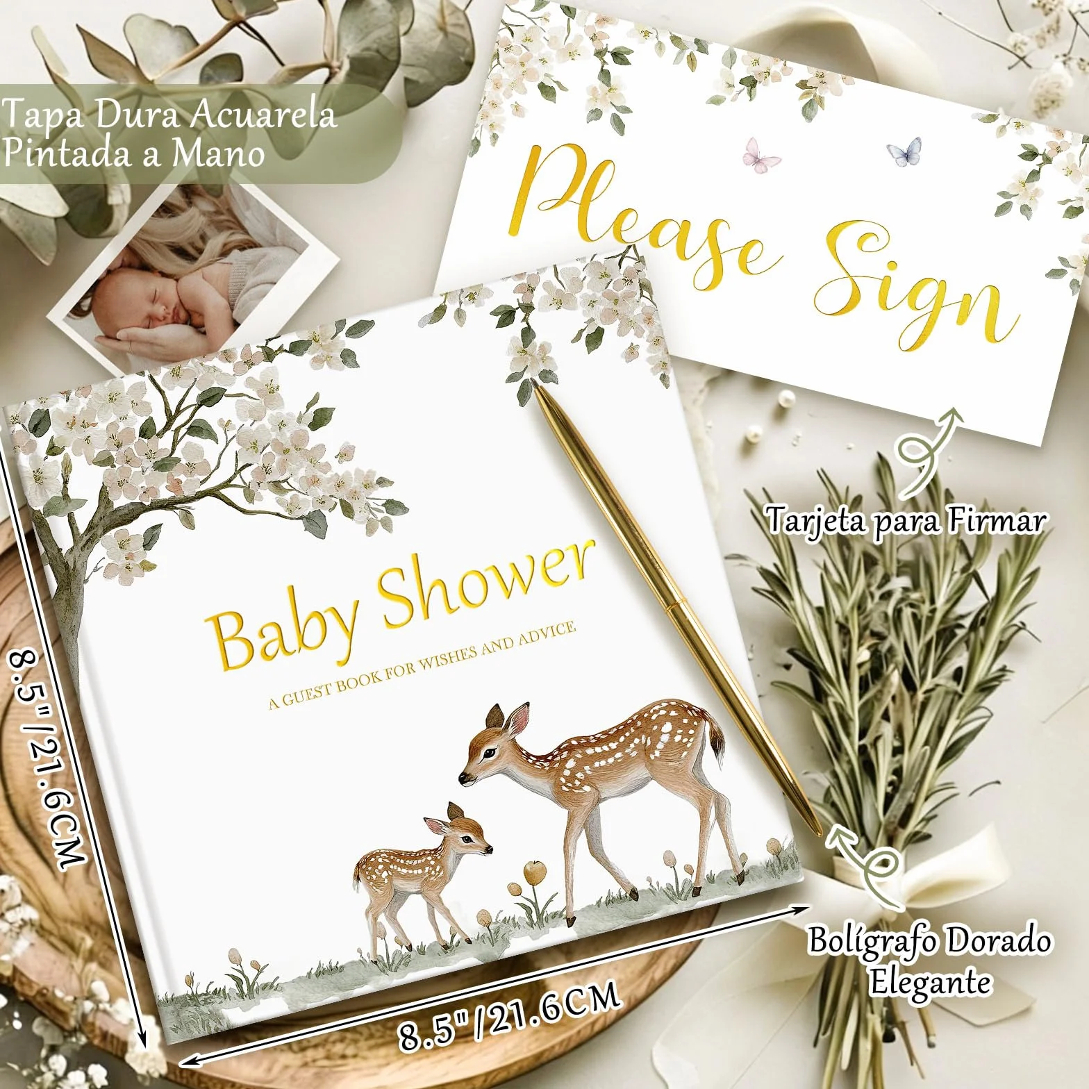 Lanpn Libro de Visitas para Baby Shower, Baby Shower Guest Book, Libro Firmas Recuerdo Regalo para Futuros Padres Gender Reveal Bebé Bautizo, Tema Animales Bosque Neutral, 114 Páginas, Inglés