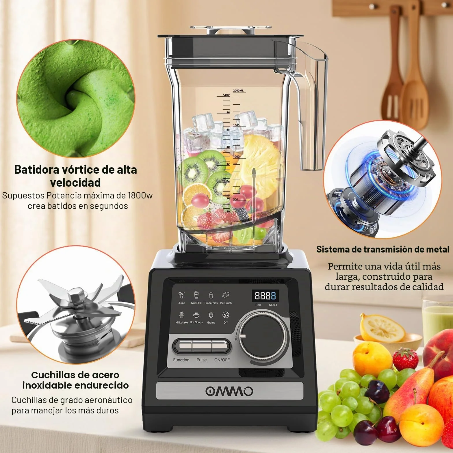 OMMO 2L Batidora de Vaso, 1800W Batidora Smoothies con 9 Controles de Velocidad para Hielo Roto, Batidos, Bebidas y Frutas Congeladas, Sin BPA