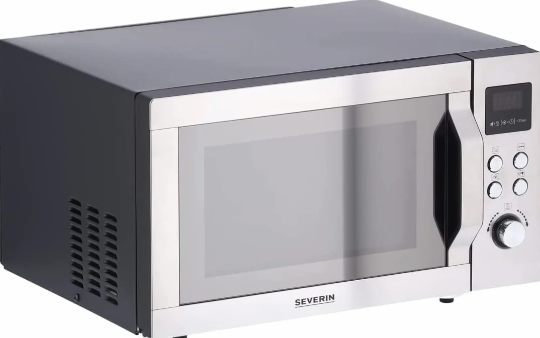 SEVERIN Microondas 3 en 1, microondas con grill, convección y base de vidrio, microondas digital amplio para platos cuadrados, acero inoxidable/negro mate, MW 7777