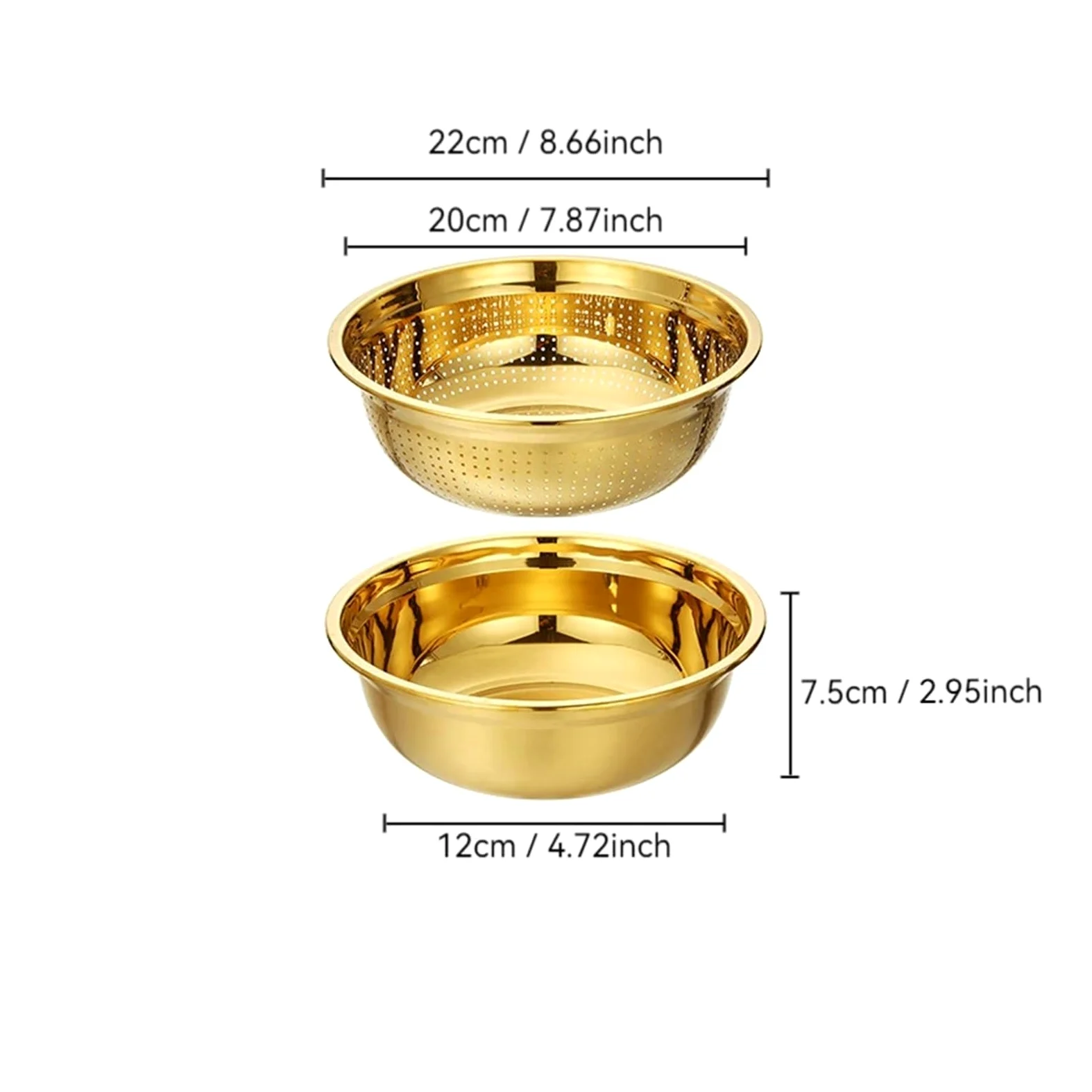 Juego de 2 coladores arroz acero inoxidable dorados, multifuncionales, for mezclar harina y huevos, for sopa frutas cocina(22cm)