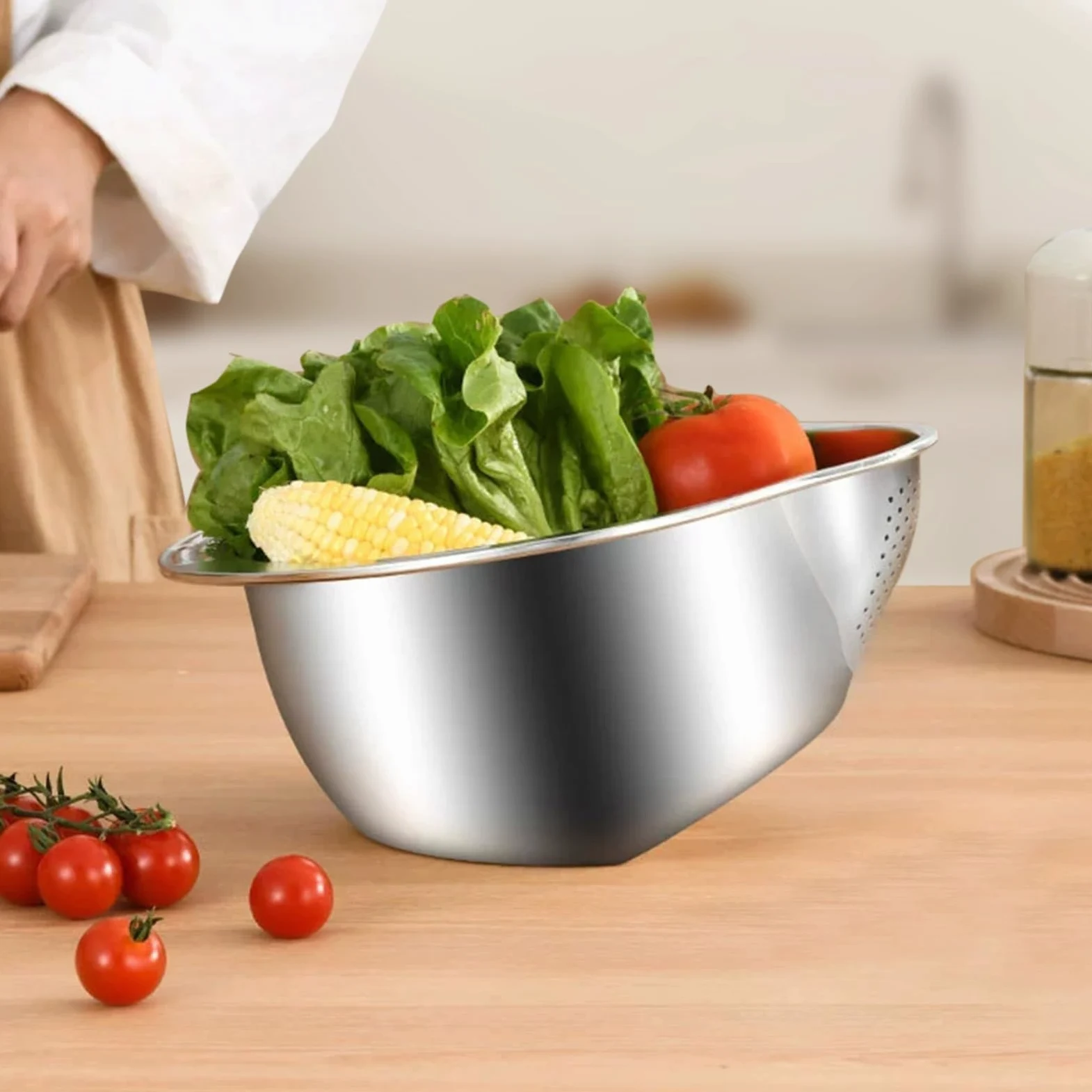 Colador de arroz de acero inoxidable apto para lavavajillas con gancho de succión, colador inclinado para enjuagar arroz, verduras y frutas,
