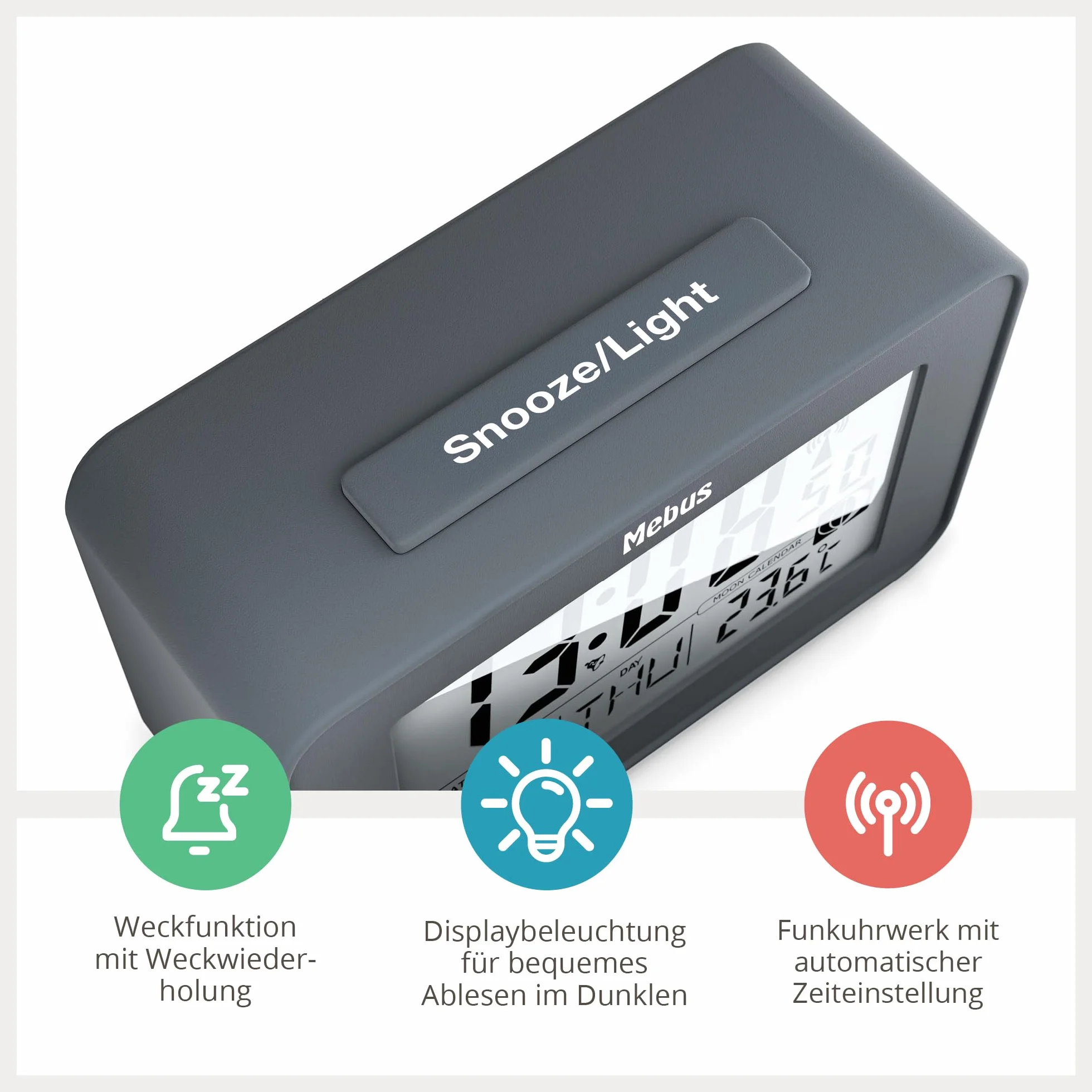 MEBUS digitaler Funk-Wecker mit Mondkalender, Beleuchtung, Innenthermometer, Schlummer-Funktion/Material: Kunststoff/Farbe: Grau/Modell: 51460
