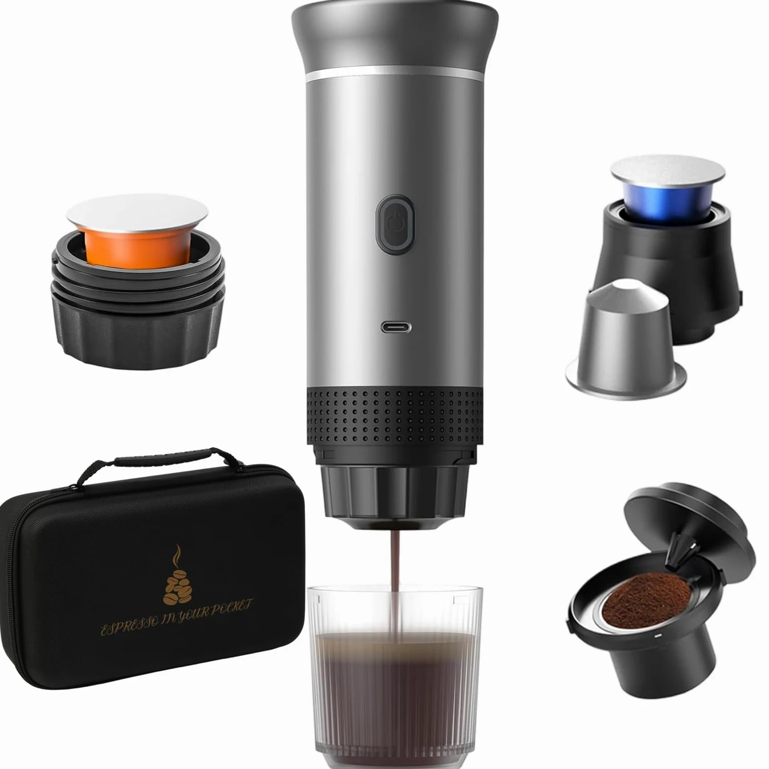 Máquina de café expreso portátil,Cafetera Cápsula de Espresso 3 en 1 | 15 bar,7500mAh,Autocalentamiento,compatible con cápsulas Nes y DG y café molido,para Oficina Viaje Camping(con bolsa)