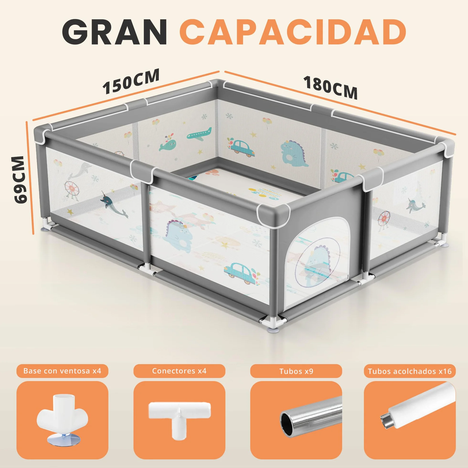 JUPPLIES Parque Infantil Bebe 150x180cm + Alfombra Bebe – Corralito Bebe con Malla Transpirable – Parque de Juegos Bebe Plegable con Puerta Lateral – Playpen Bebe - Gris