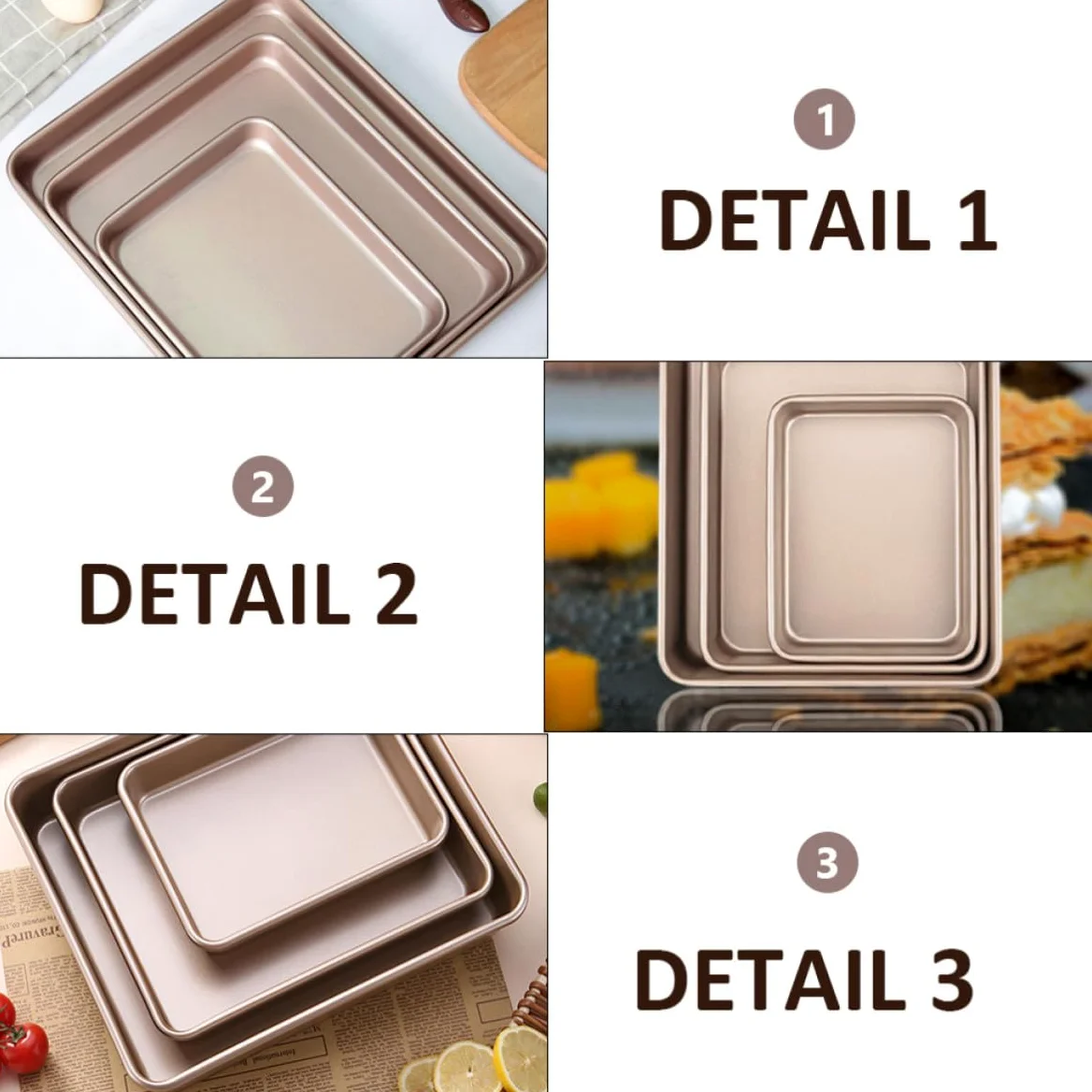 Set de 3 Moldes Rectangulares de Acero al Carbono Dorado para Hornear, Bandejas Fáciles de Usar y Convenientes para Pasteles y Fiestas de Alimentos