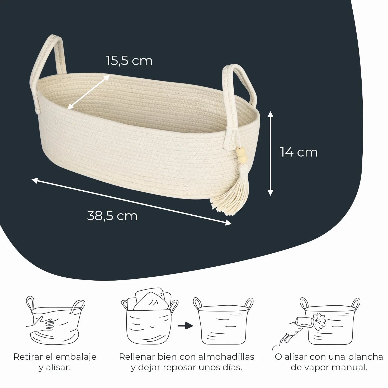 HMF Cesta de almacenamiento para baño, cesta para papel higiénico de algodón, 38,5 x 15,5 x 14 cm, color crema
