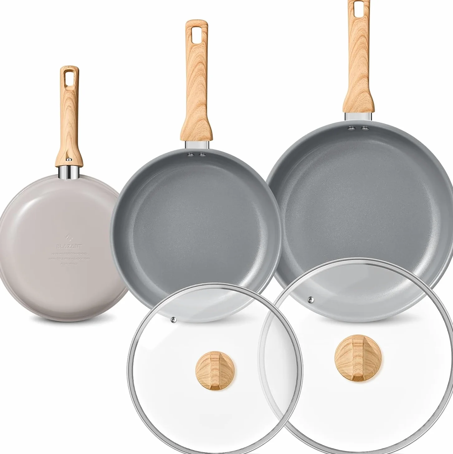 BLAZANT ceramic nonstick pan set 20+24+28cm with lids, PTFE-free, healthy | Optimized induction base for even heat, compatible with all cooktops, easy to clean, dishwasher safe, ergonomic handle